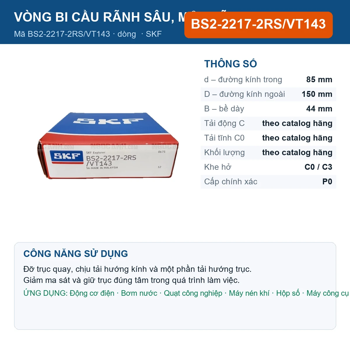 Vòng bi SKF BS2-2217-2RS/VT143 85x150x44mm — Ảnh đăng sản phẩm (web)
