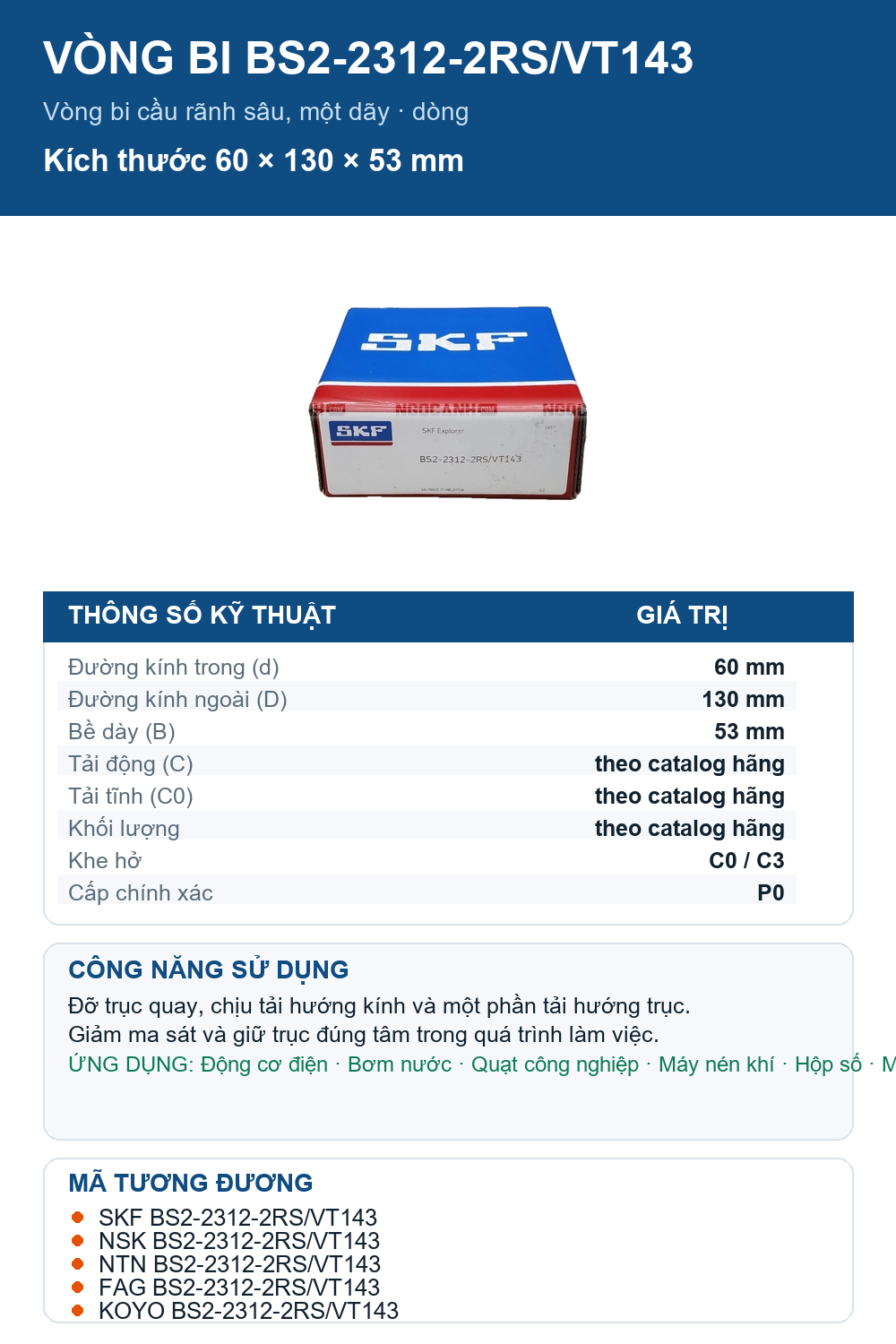 Vòng bi SKF BS2-2312-2RS/VT143 60x130x53mm — Ảnh thông số (Pinterest)