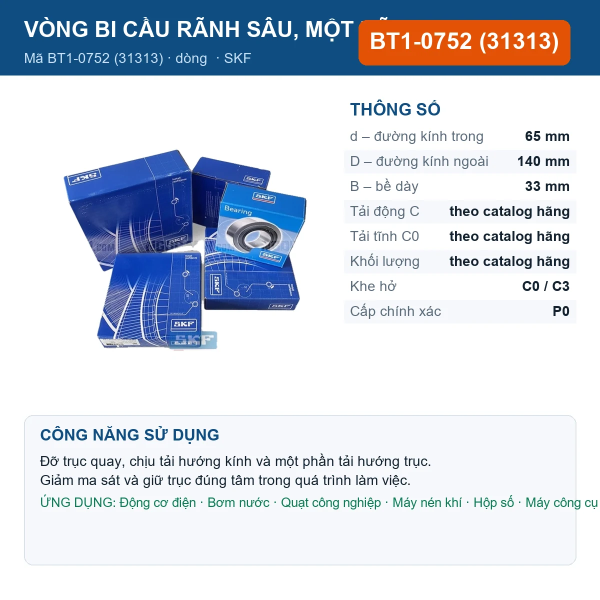 Vòng bi SKF BT1-0752 (31313) 65x140x33mm — Ảnh đăng sản phẩm (web)