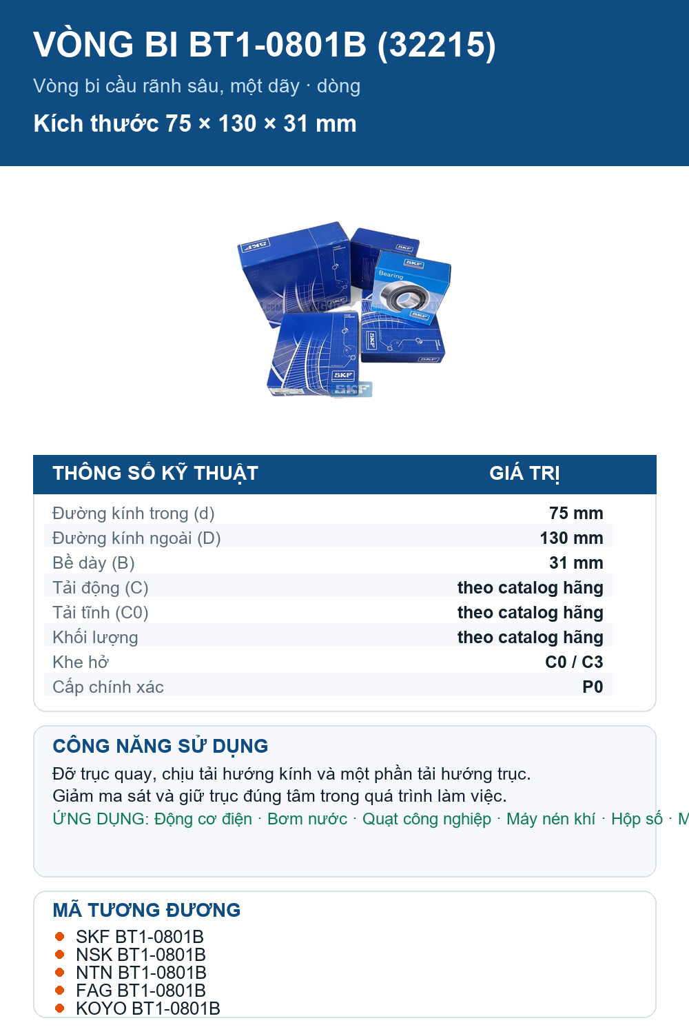 Vòng bi SKF BT1-0801B (32215) 75x130x31mm — Ảnh thông số (Pinterest)