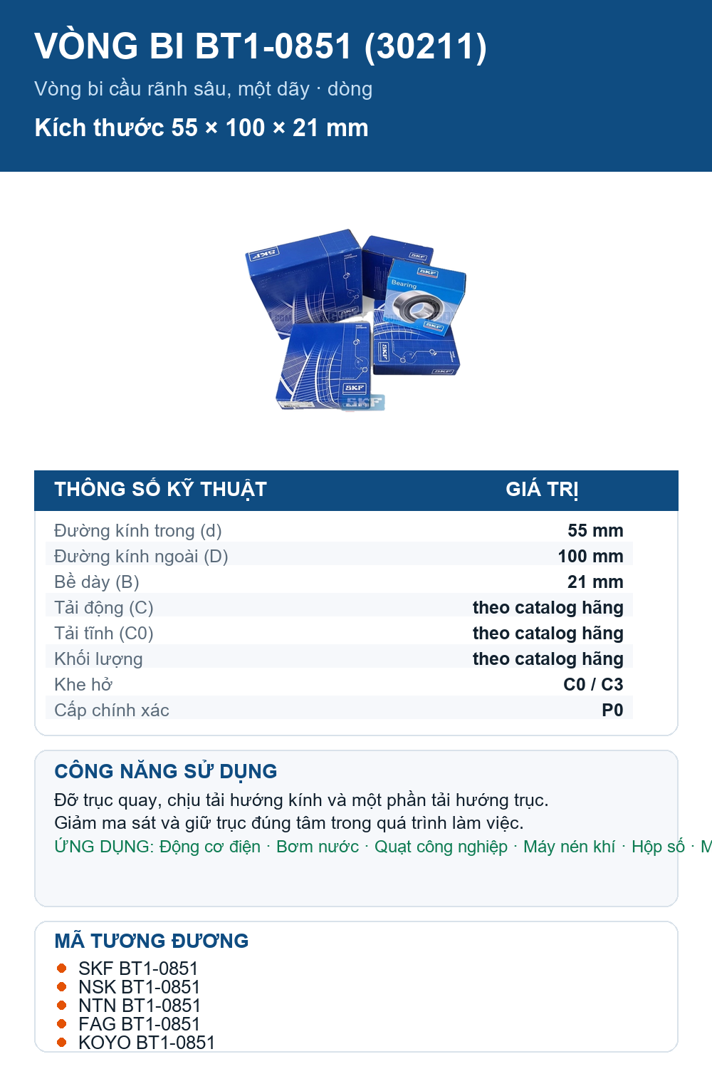 Vòng bi SKF BT1-0851 (30211) 55x100x21mm — Ảnh thông số (Pinterest)