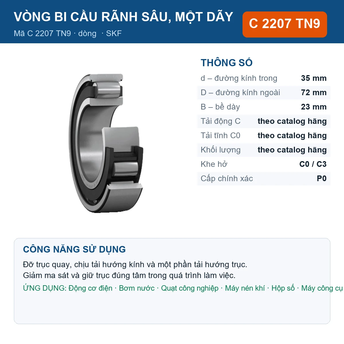 Vòng bi SKF C 2207 TN9 — kích thước 35x72x23mm