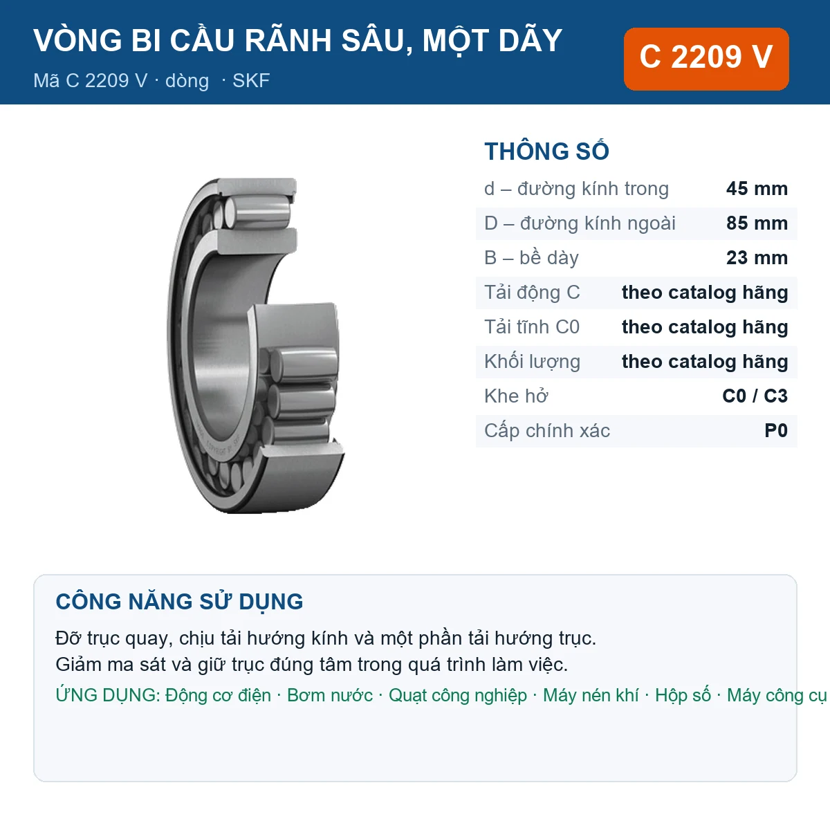 Vòng bi SKF C 2209 V — kích thước 45x85x23mm