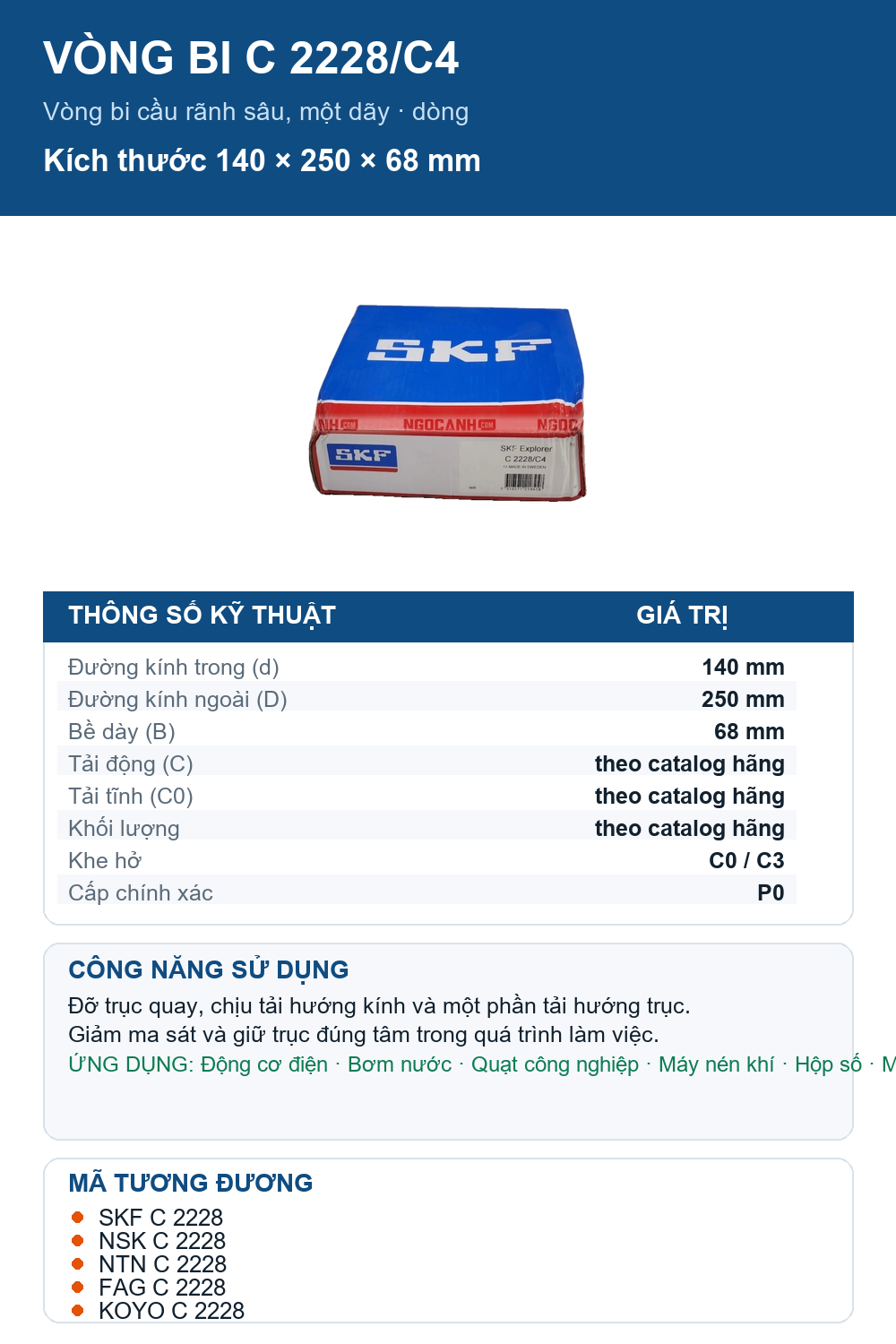 Vòng bi SKF C 2228/C4 140x250x68mm — Ảnh thông số (Pinterest)