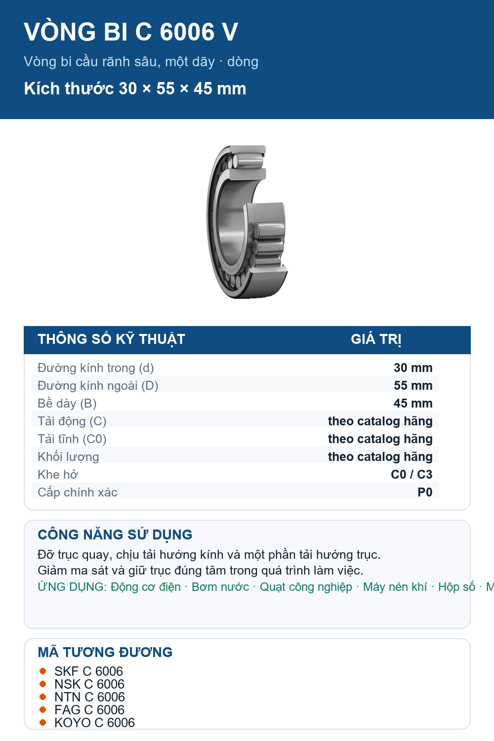 Vòng bi SKF C 6006 V 30x55x45mm — Ảnh thông số (Pinterest)