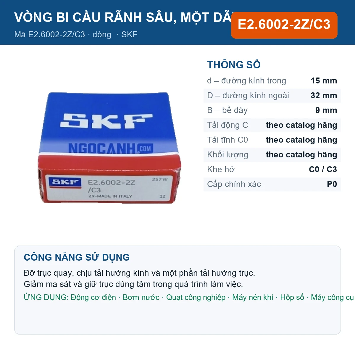 Vòng bi SKF E2.6002-2Z/C3 15x32x9mm — Ảnh đăng sản phẩm (web)