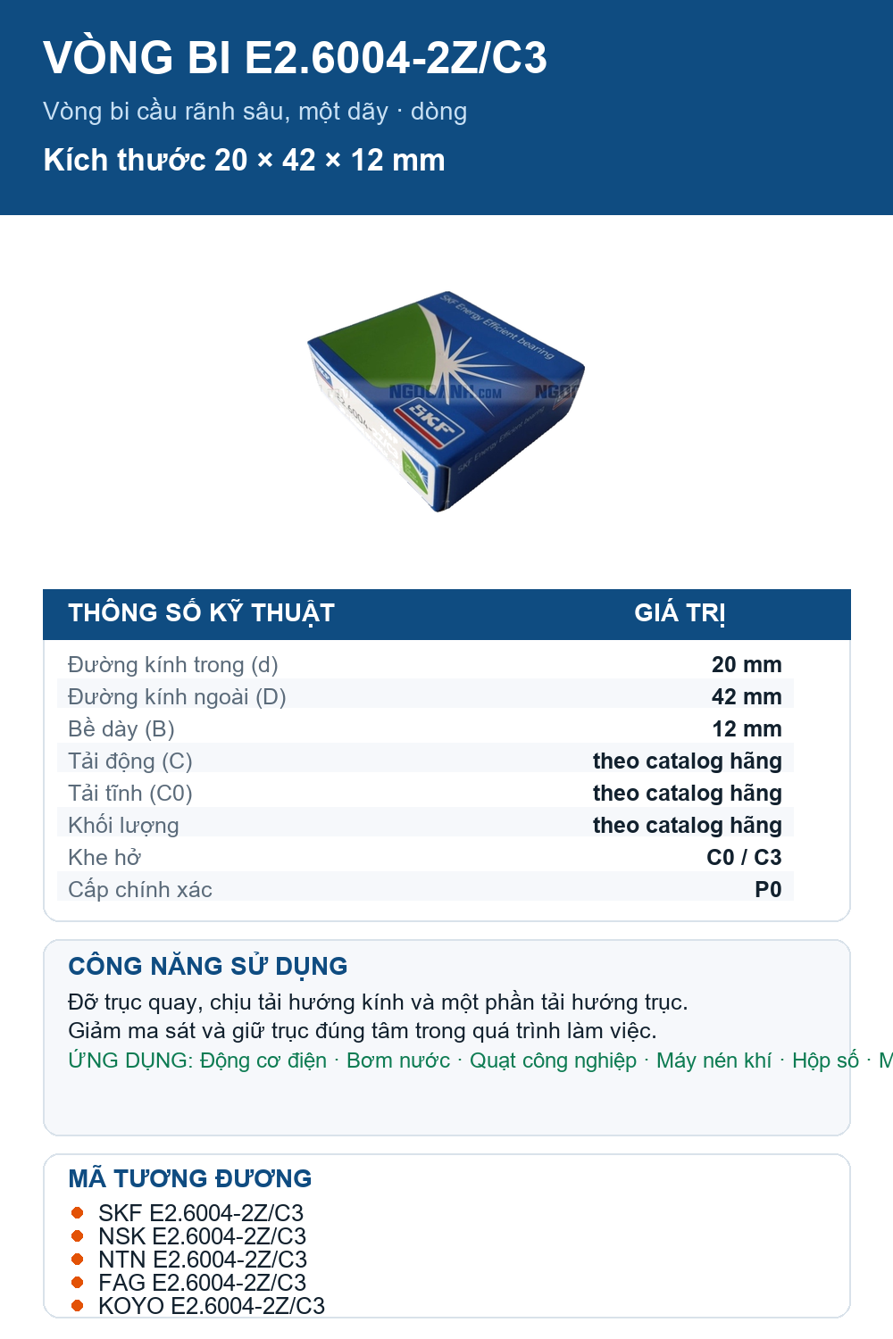 Vòng bi SKF E2.6004-2Z/C3 20x42x12mm — Ảnh thông số (Pinterest)