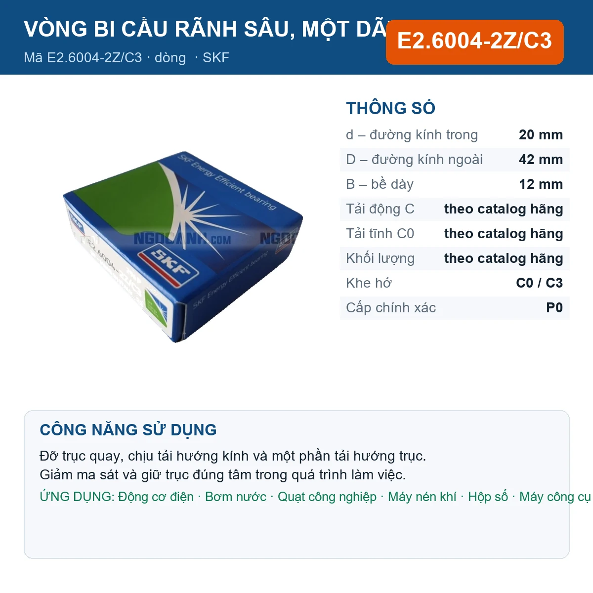 Vòng bi SKF E2.6004-2Z/C3 20x42x12mm — Ảnh đăng sản phẩm (web)