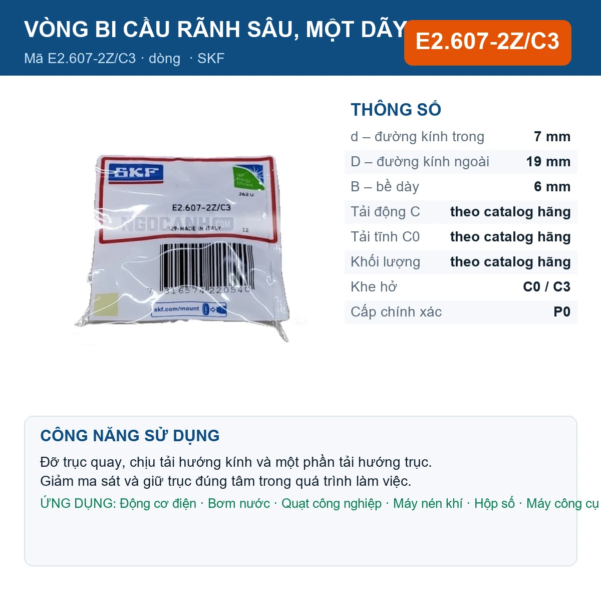 Vòng bi SKF E2.607-2Z/C3 7x19x6mm — Ảnh đăng sản phẩm (web)