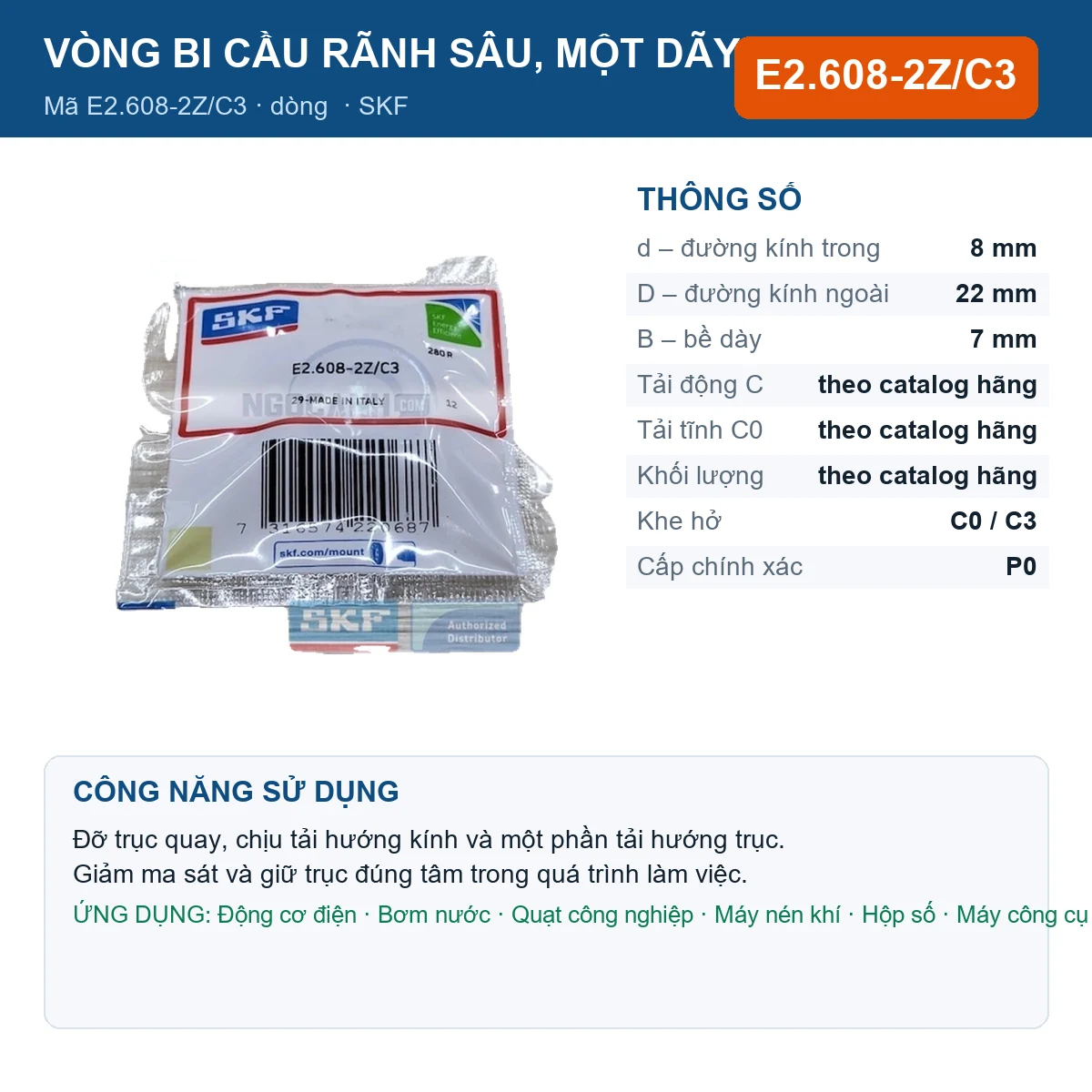 Vòng bi SKF E2.608-2Z/C3 8x22x7mm — Ảnh đăng sản phẩm (web)