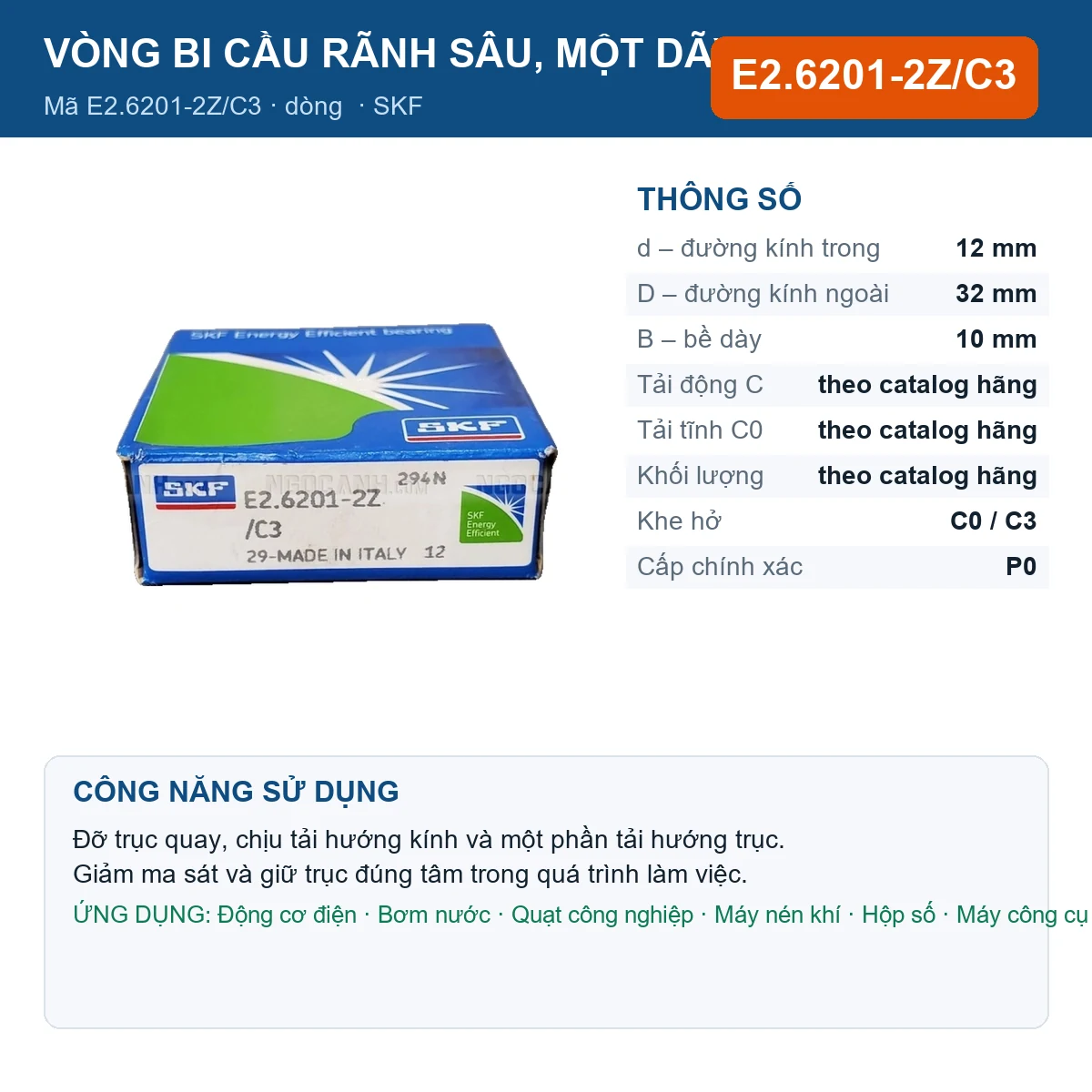 Vòng bi SKF E2.6201-2Z/C3 12x32x10mm — Ảnh đăng sản phẩm (web)