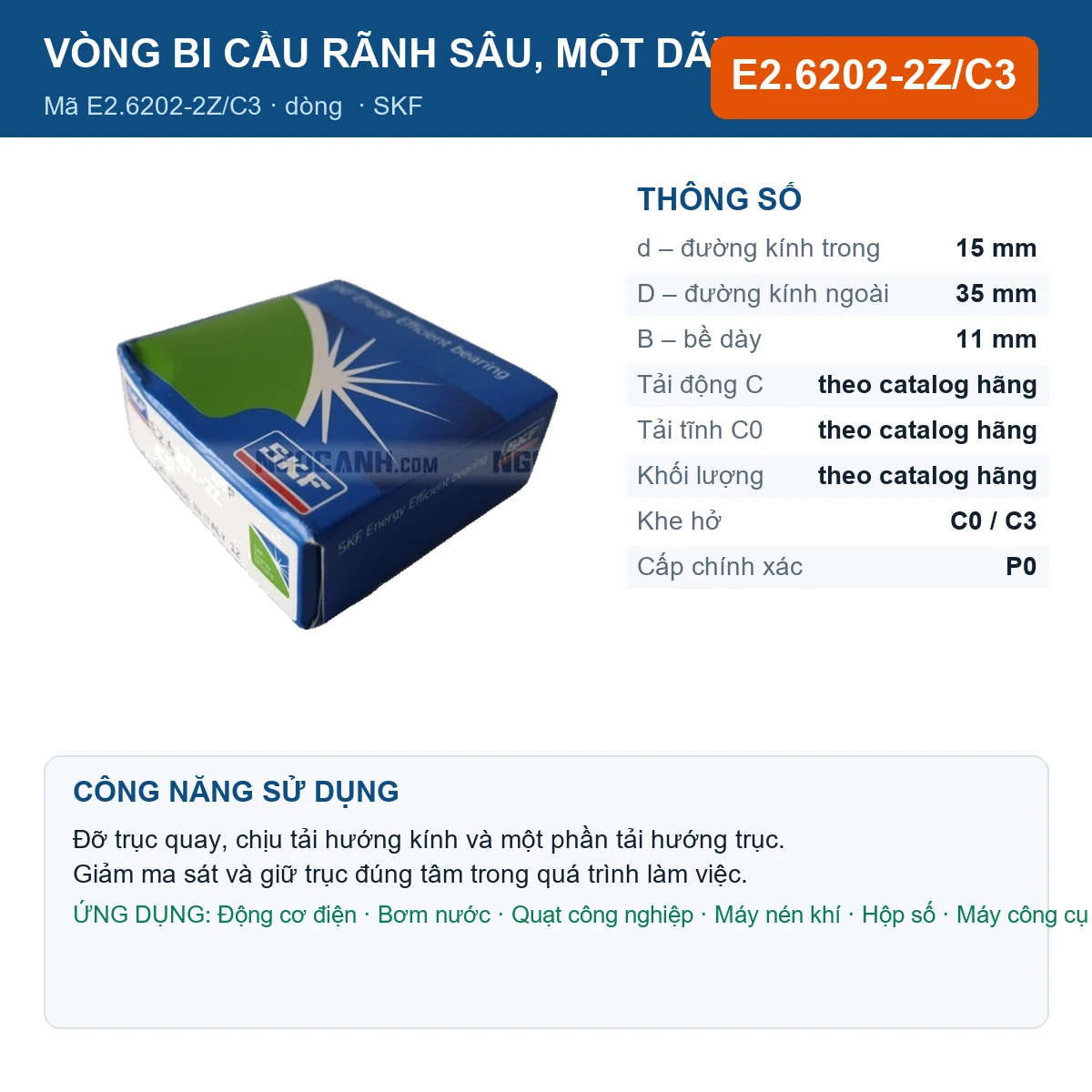 Vòng bi SKF E2.6202-2Z/C3 15x35x11mm — Ảnh đăng sản phẩm (web)