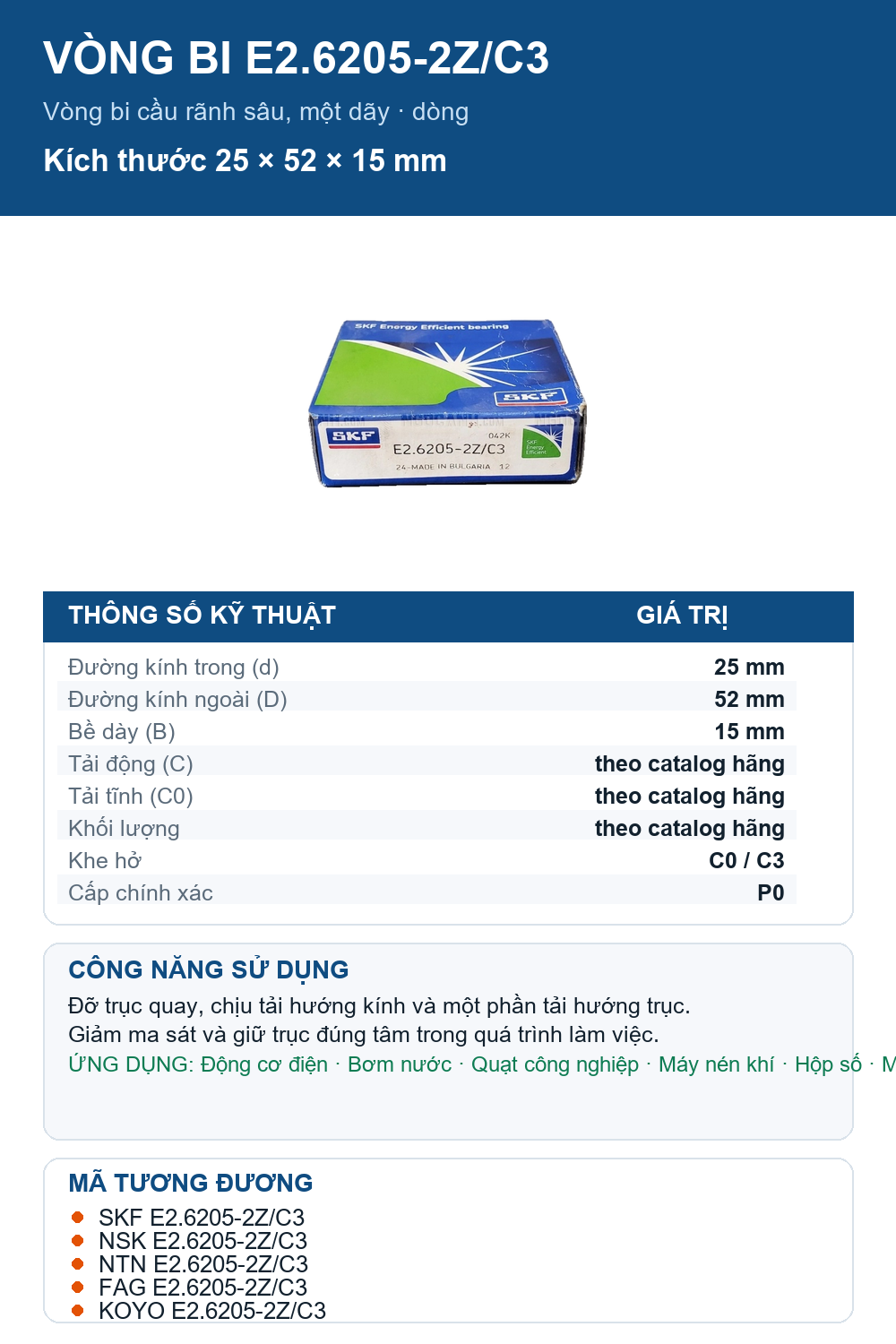 Vòng bi SKF E2.6205-2Z/C3 25x52x15mm — Ảnh thông số (Pinterest)