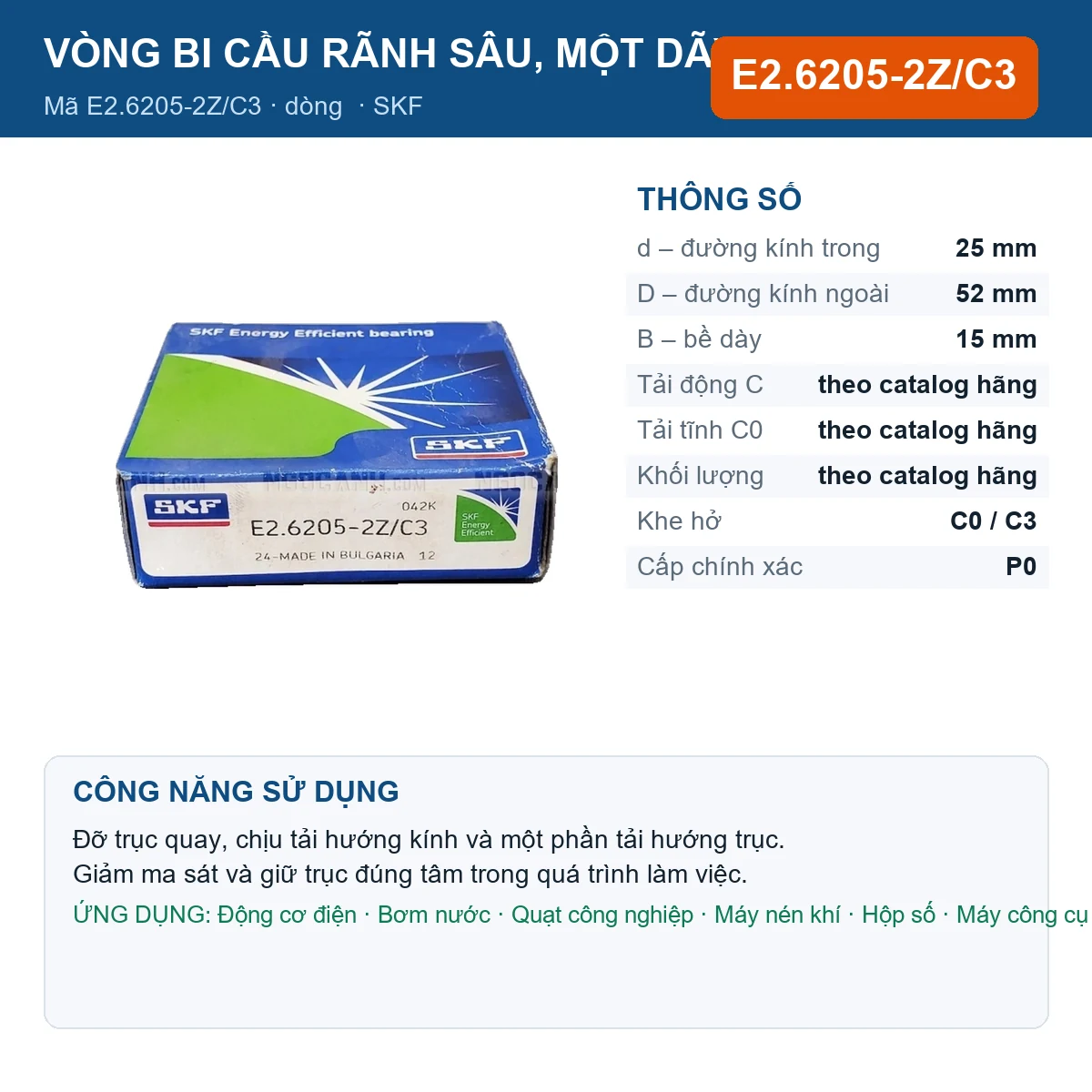 Vòng bi SKF E2.6205-2Z/C3 25x52x15mm — Ảnh đăng sản phẩm (web)