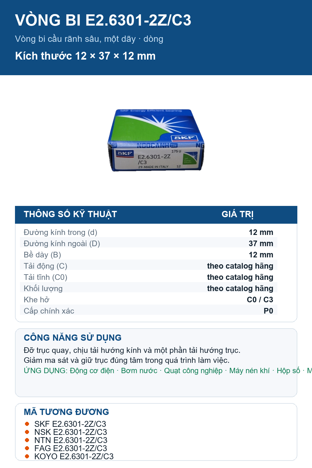 Vòng bi SKF E2.6301-2Z/C3 12x37x12mm — Ảnh thông số (Pinterest)