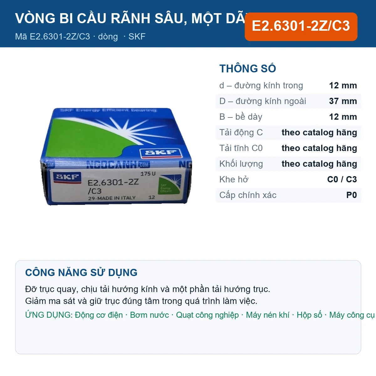 Vòng bi SKF E2.6301-2Z/C3 12x37x12mm — Ảnh đăng sản phẩm (web)