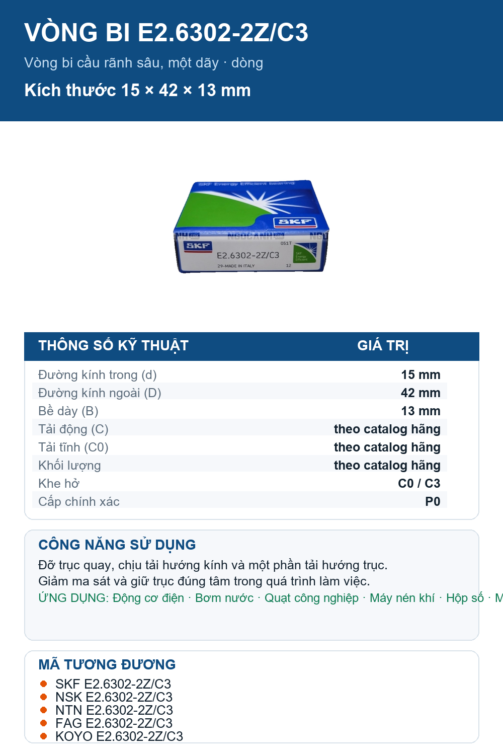 Vòng bi SKF E2.6302-2Z/C3 15x42x13mm — Ảnh thông số (Pinterest)