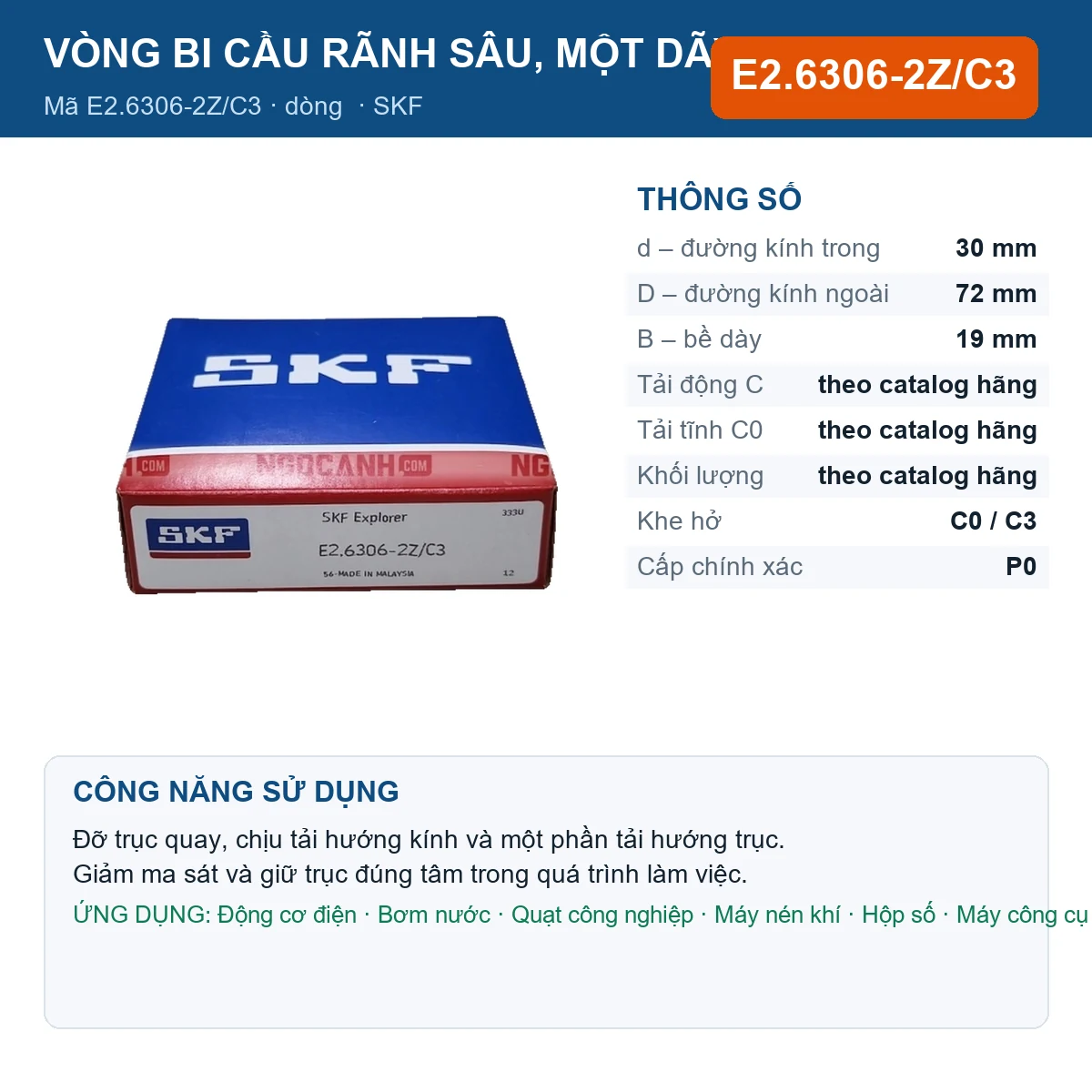 Vòng bi SKF E2.6306-2Z/C3 30x72x19mm — Ảnh đăng sản phẩm (web)