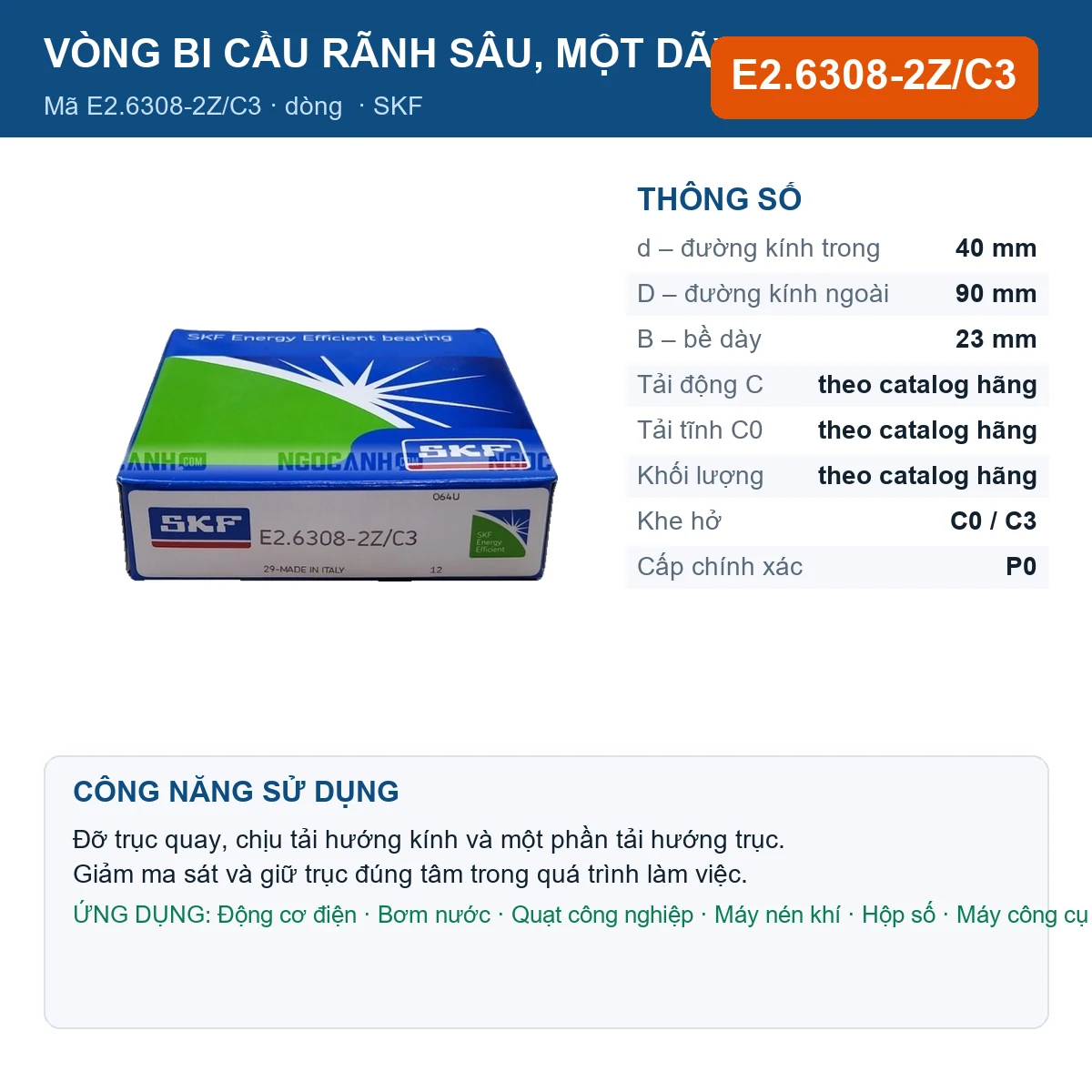 Vòng bi SKF E2.6308-2Z/C3 40x90x23mm — Ảnh đăng sản phẩm (web)