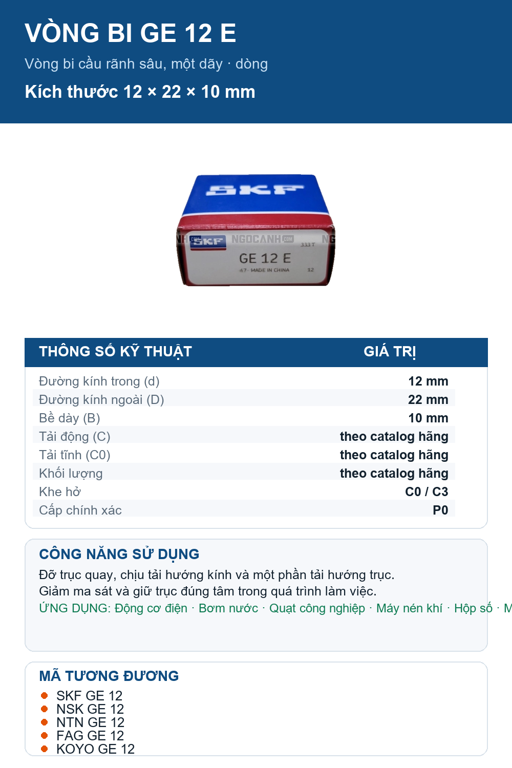 Vòng bi SKF GE 12 E 12x22x10mm — Ảnh thông số (Pinterest)