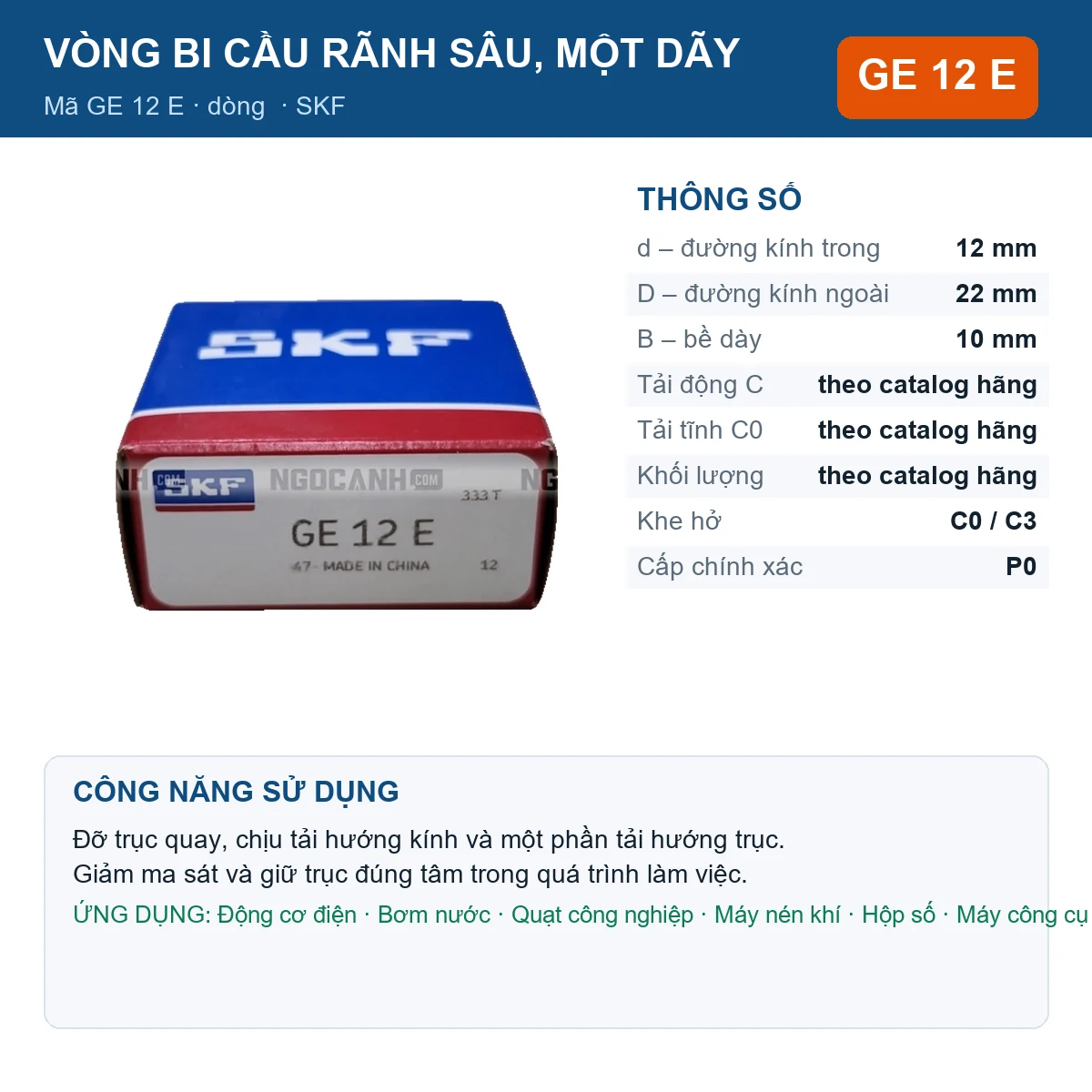 Vòng bi SKF GE 12 E 12x22x10mm — Ảnh đăng sản phẩm (web)