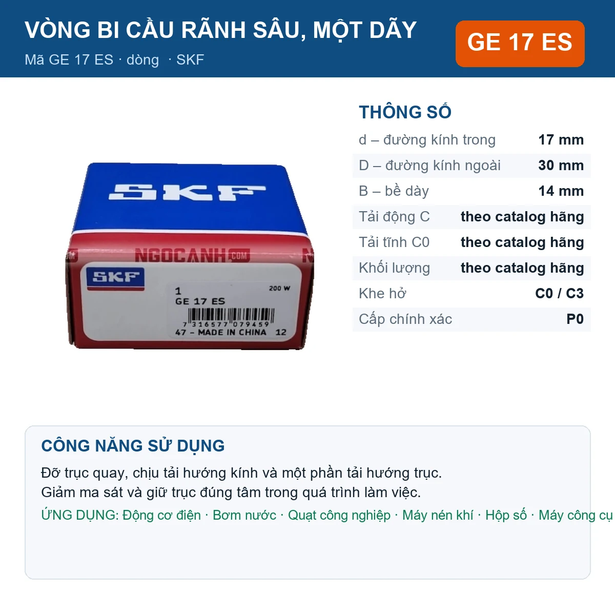 Vòng bi SKF GE 17 ES — kích thước 17x30x14mm