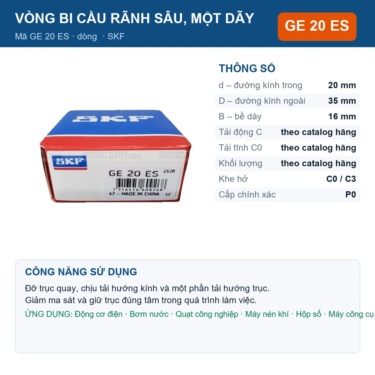 Vòng bi SKF GE 20 ES — kích thước 20x35x16mm