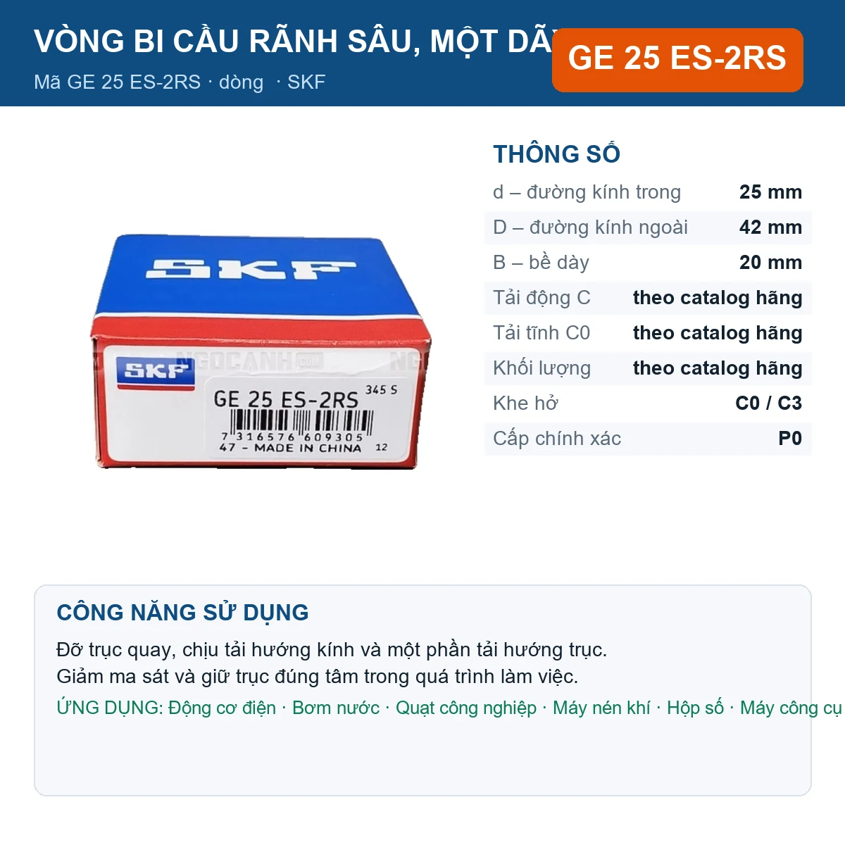 Vòng bi SKF GE 25 ES-2RS — kích thước 25x42x20mm