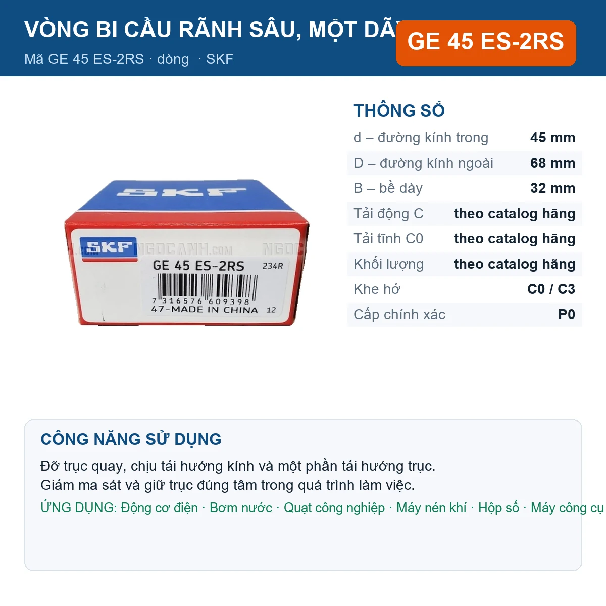 Vòng bi SKF GE 45 ES-2RS — kích thước 45x68x32mm