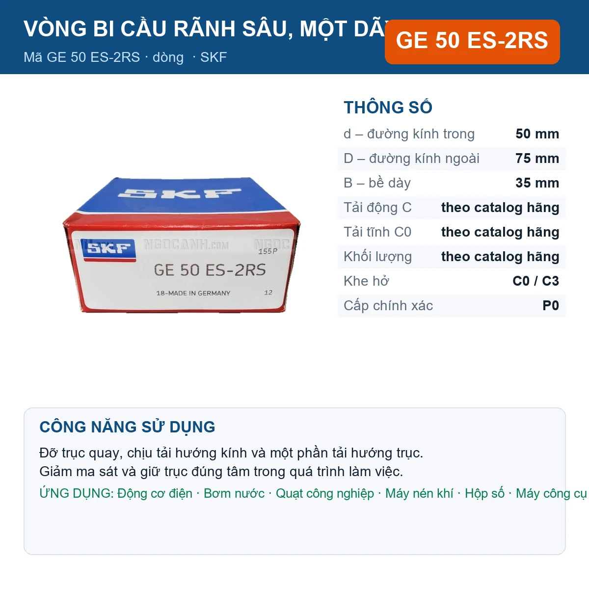 Vòng bi SKF GE 50 ES-2RS — kích thước 50x75x35mm