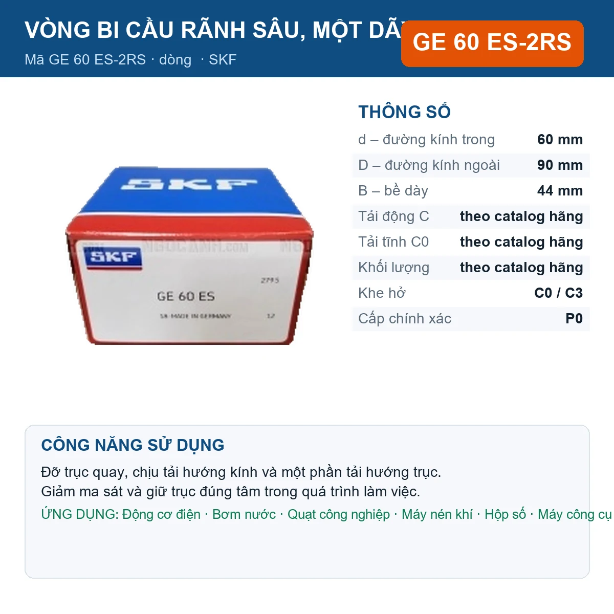 Vòng bi SKF GE 60 ES-2RS — kích thước 60x90x44mm