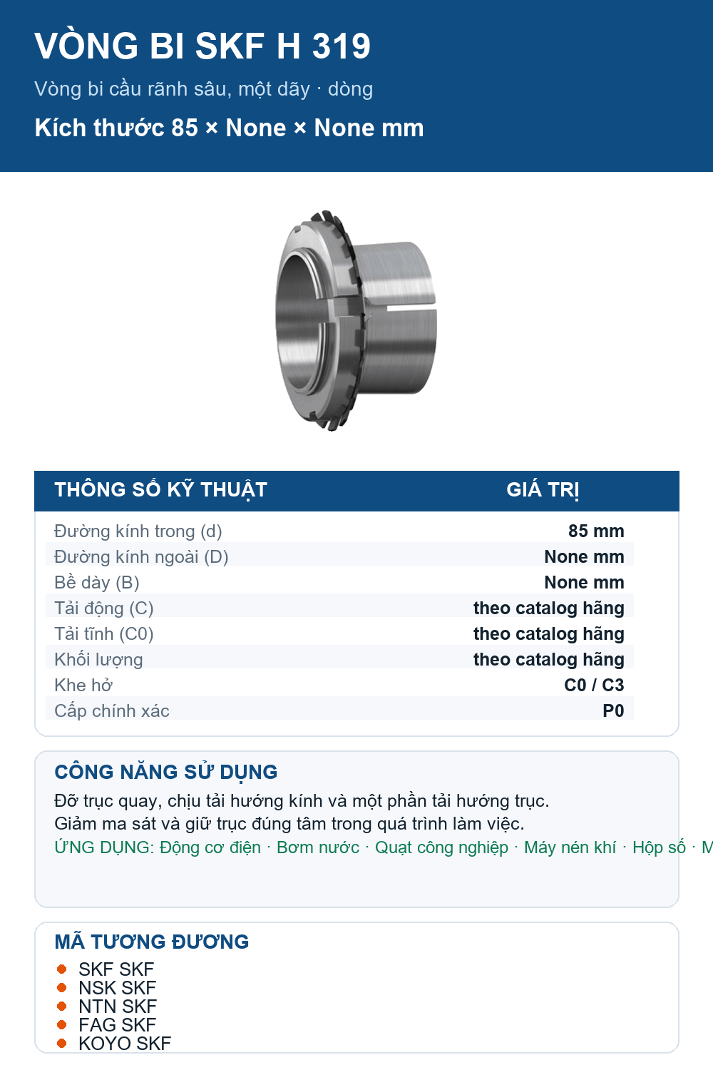 Vòng bi SKF H 319 85mm — Ảnh thông số (Pinterest)