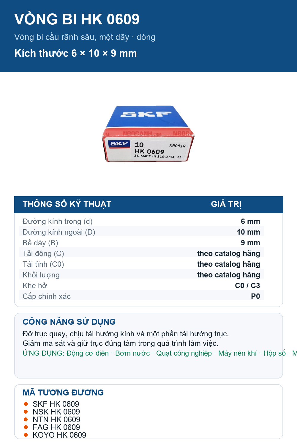 Vòng bi SKF HK 0609 6x10x9mm — Ảnh thông số (Pinterest)