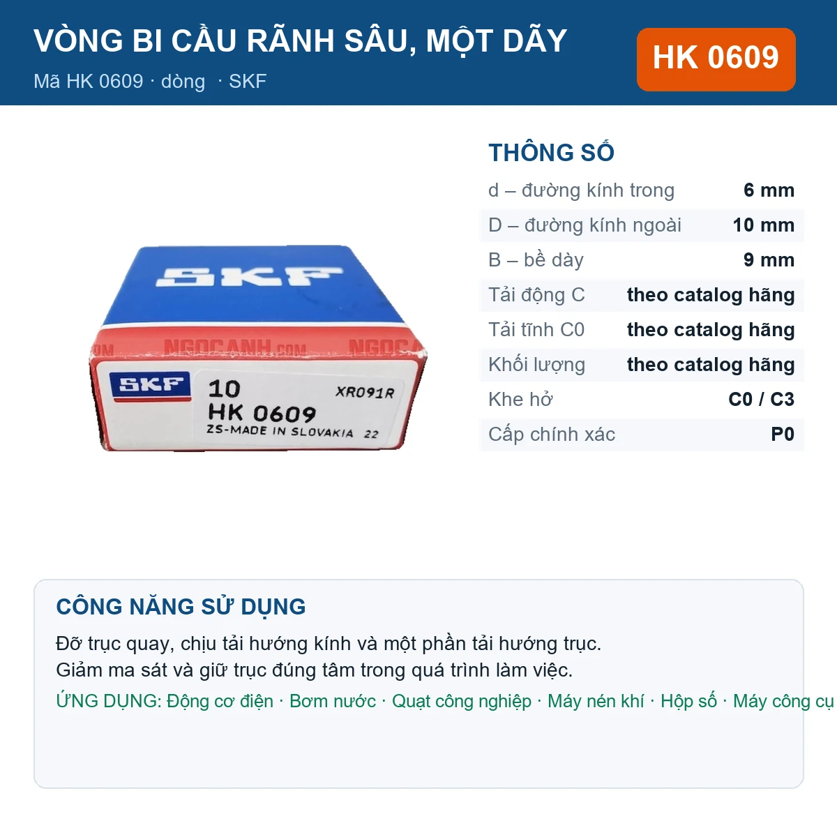 Vòng bi SKF HK 0609 6x10x9mm — Ảnh đăng sản phẩm (web)