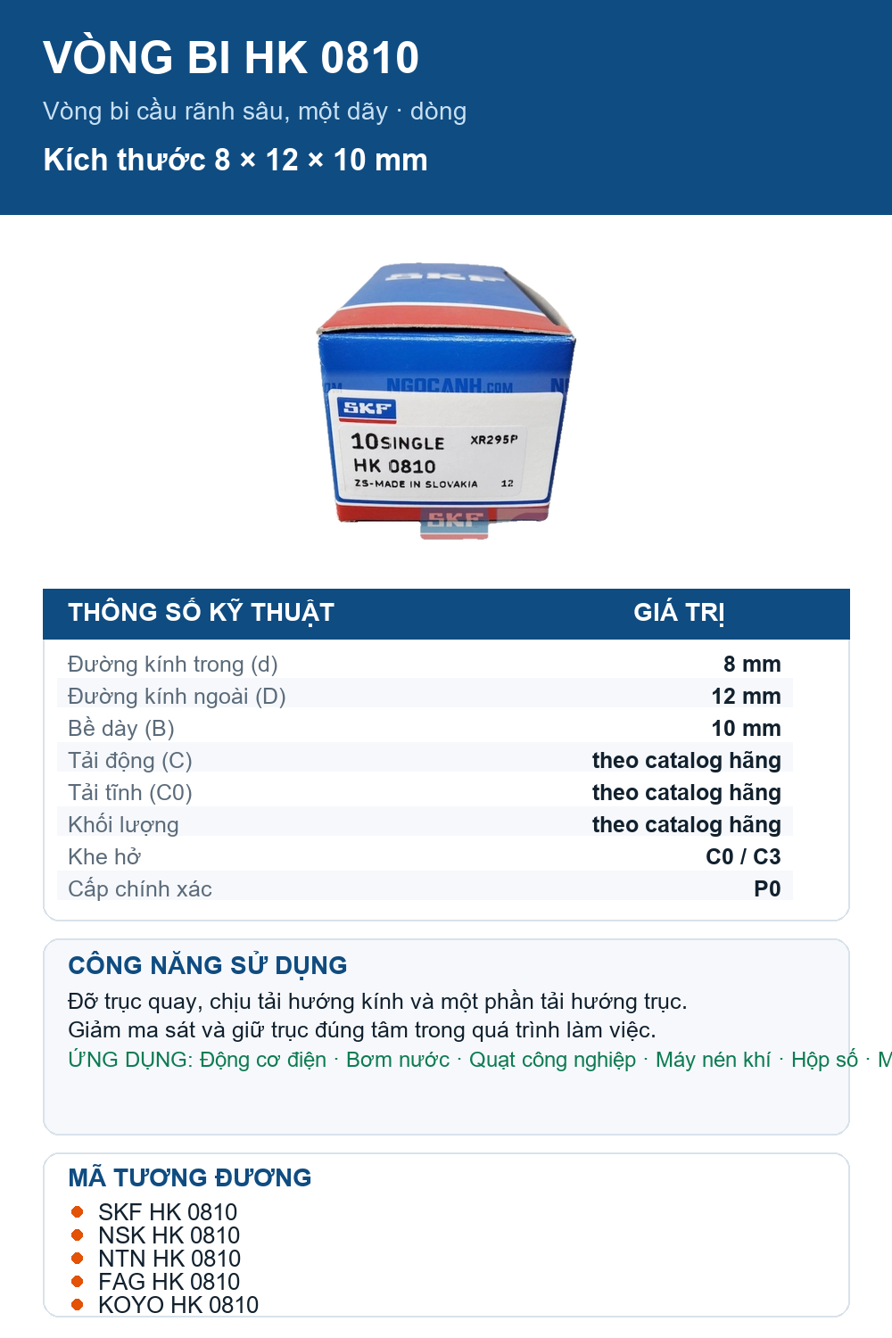 Vòng bi SKF HK 0810 8x12x10mm — Ảnh thông số (Pinterest)