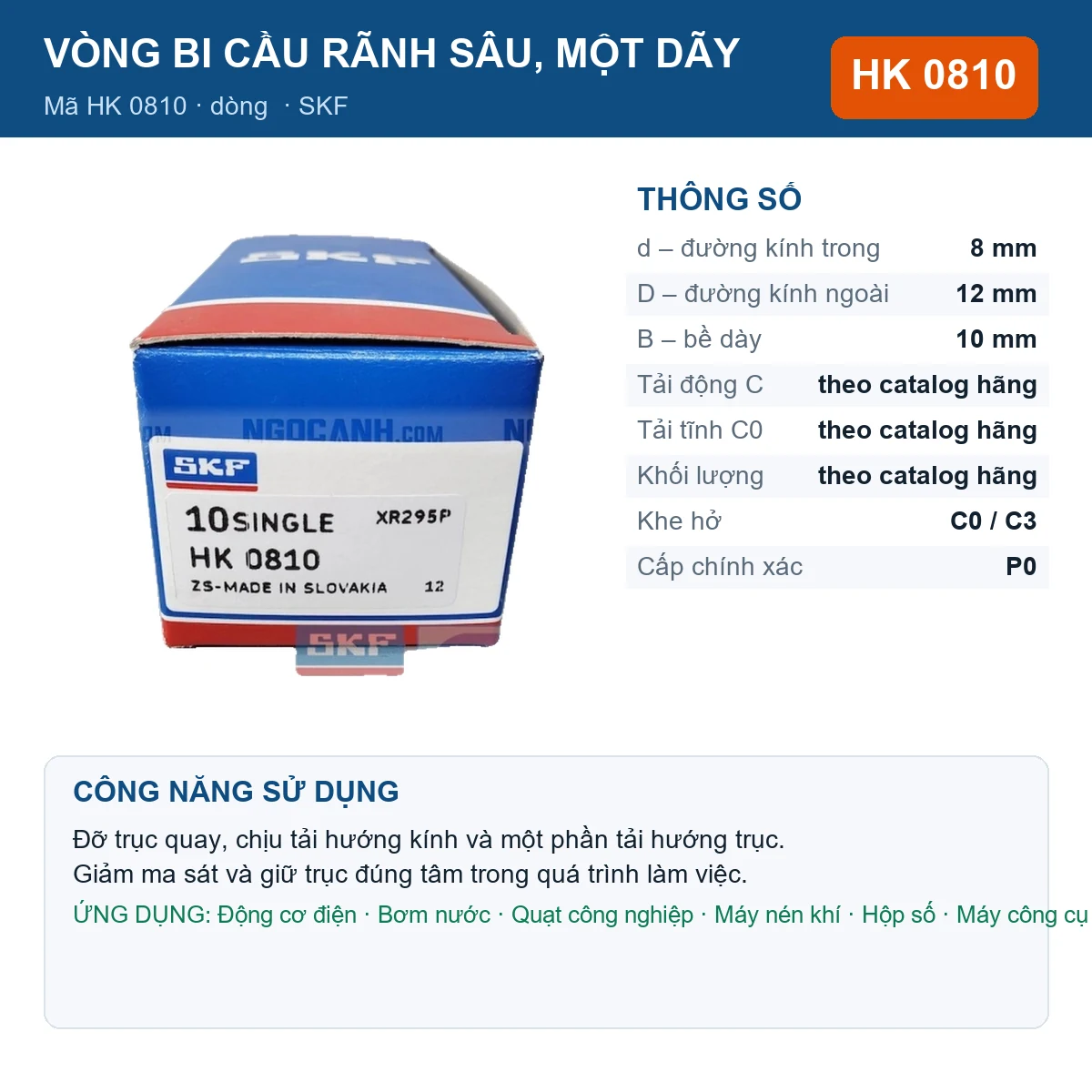 Vòng bi SKF HK 0810 8x12x10mm — Ảnh đăng sản phẩm (web)