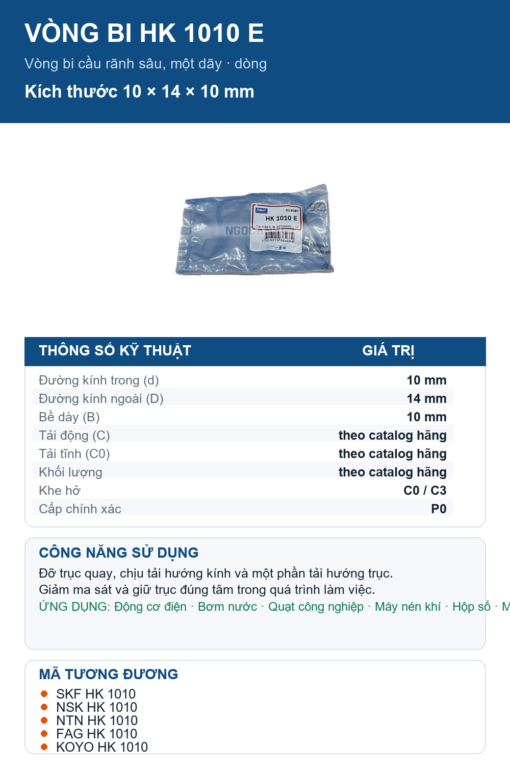 Vòng bi SKF HK 1010 E 10x14x10mm — Ảnh thông số (Pinterest)