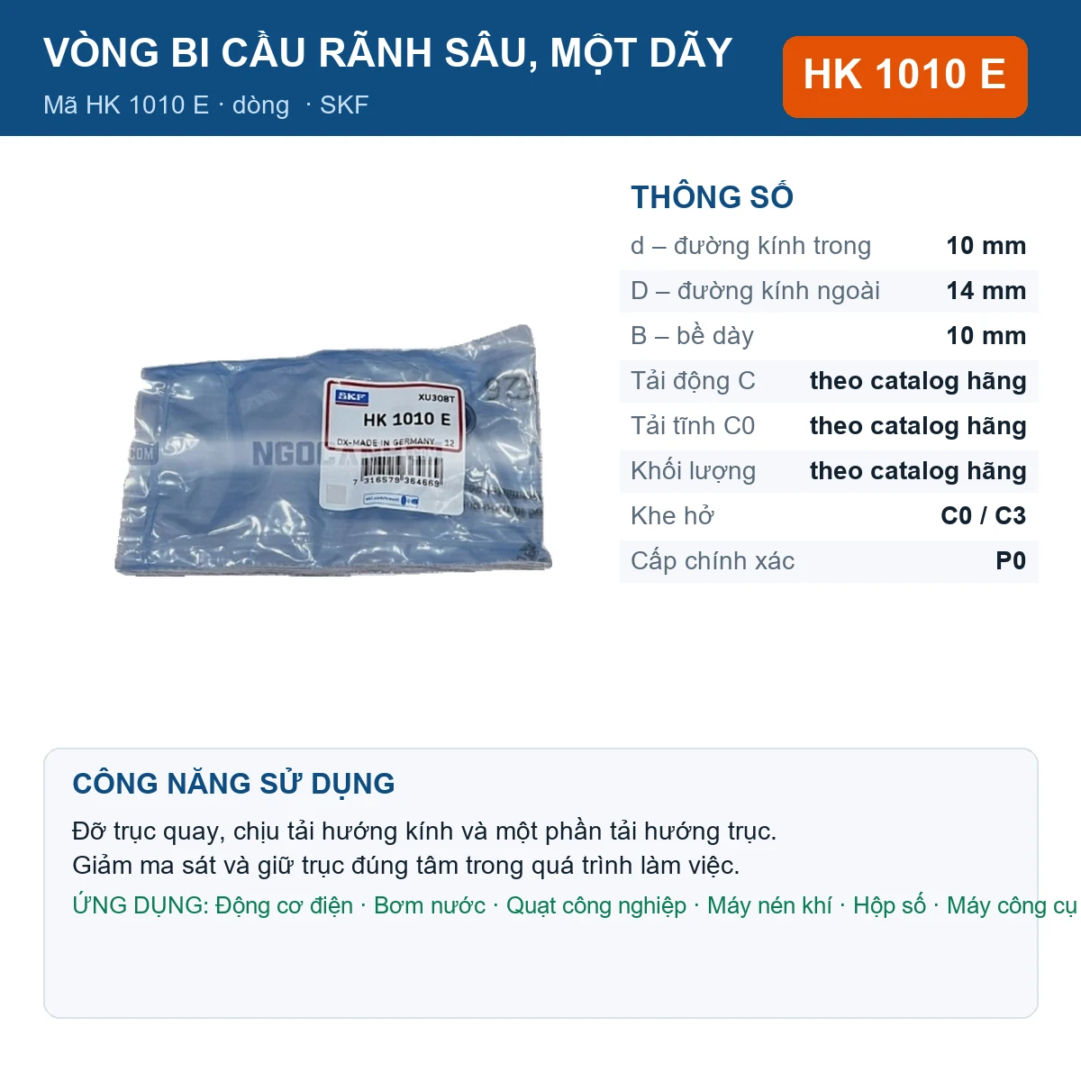 Vòng bi SKF HK 1010 E — kích thước 10x14x10mm