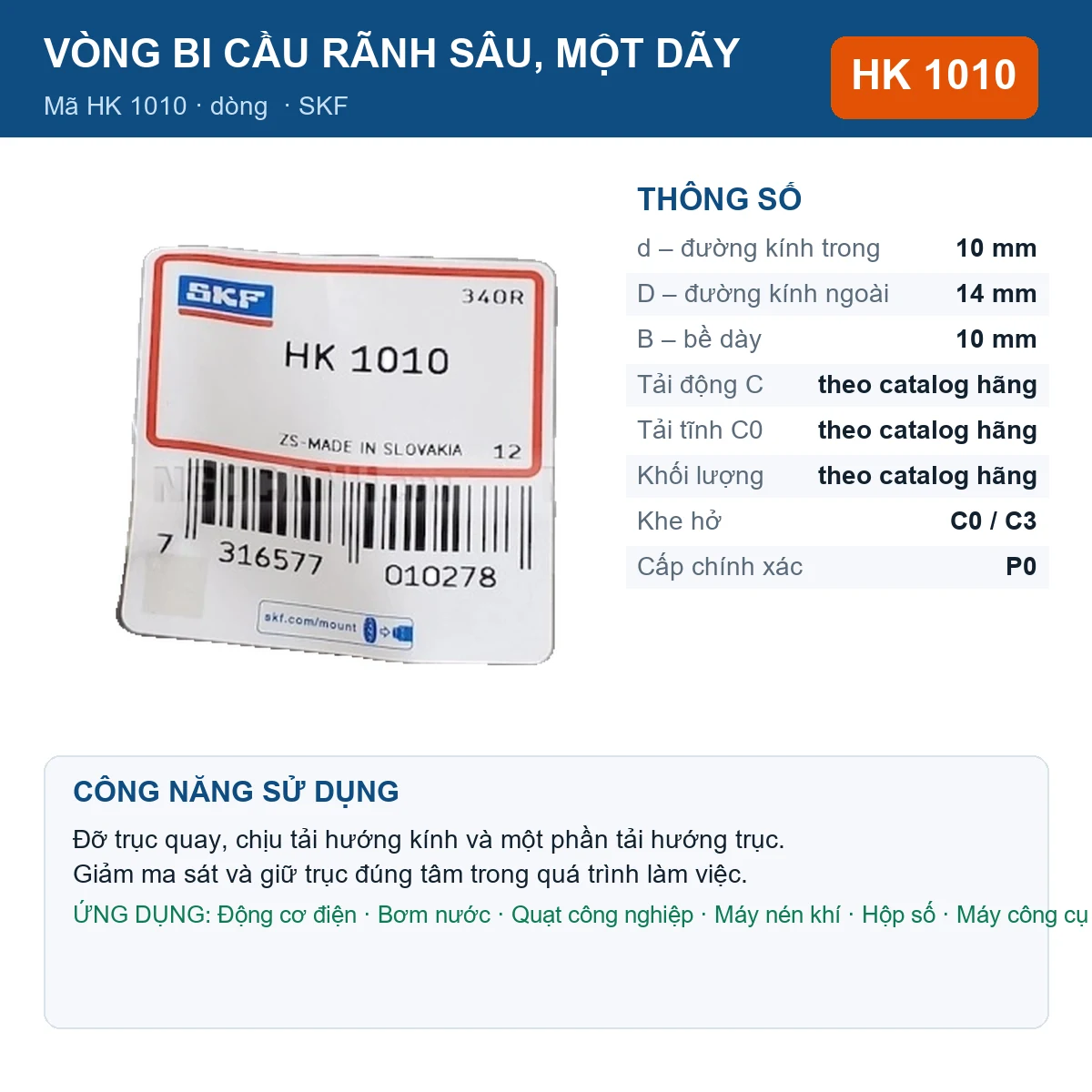 Vòng bi SKF HK 1010 — kích thước 10x14x10mm