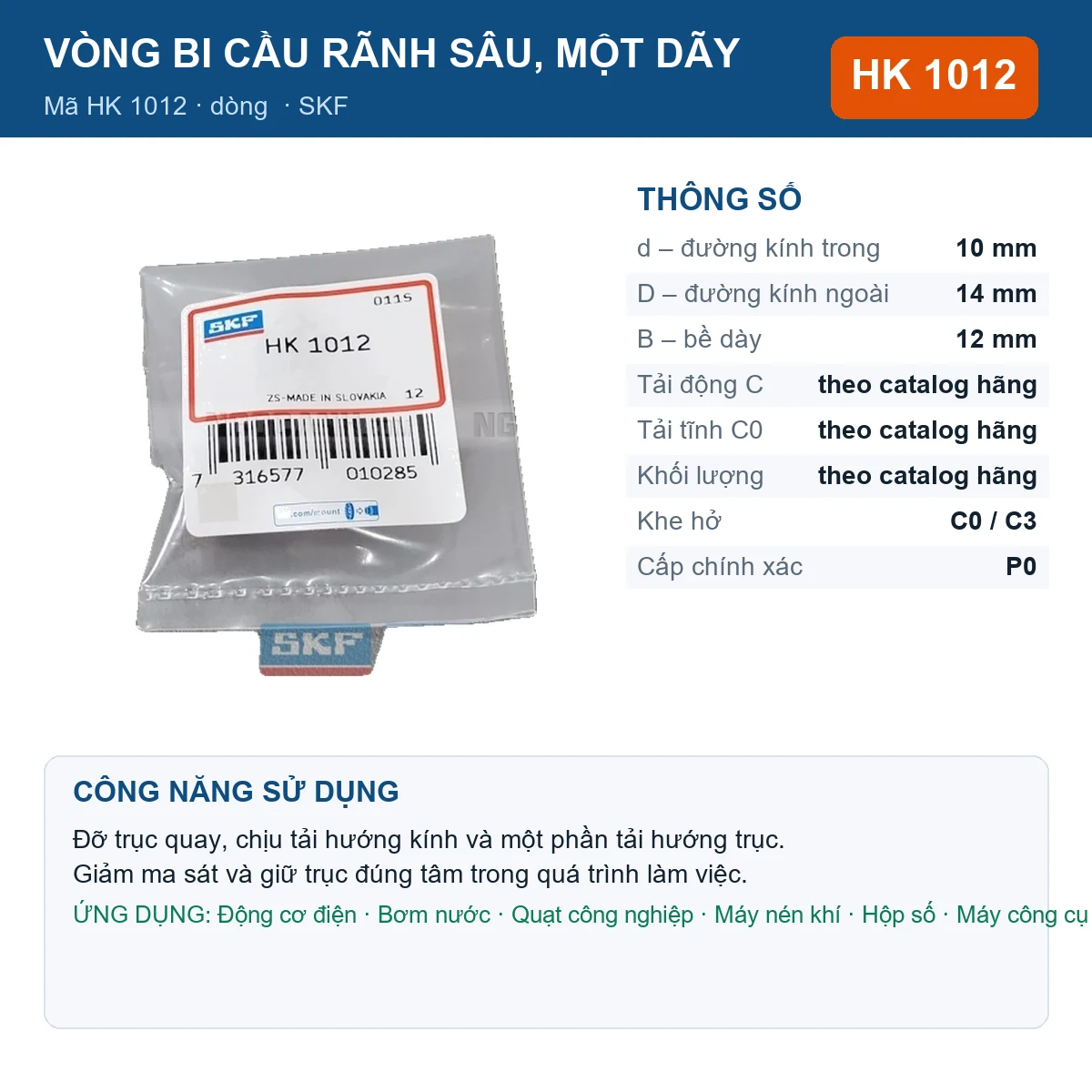 Vòng bi SKF HK 1012 — kích thước 10x14x12mm