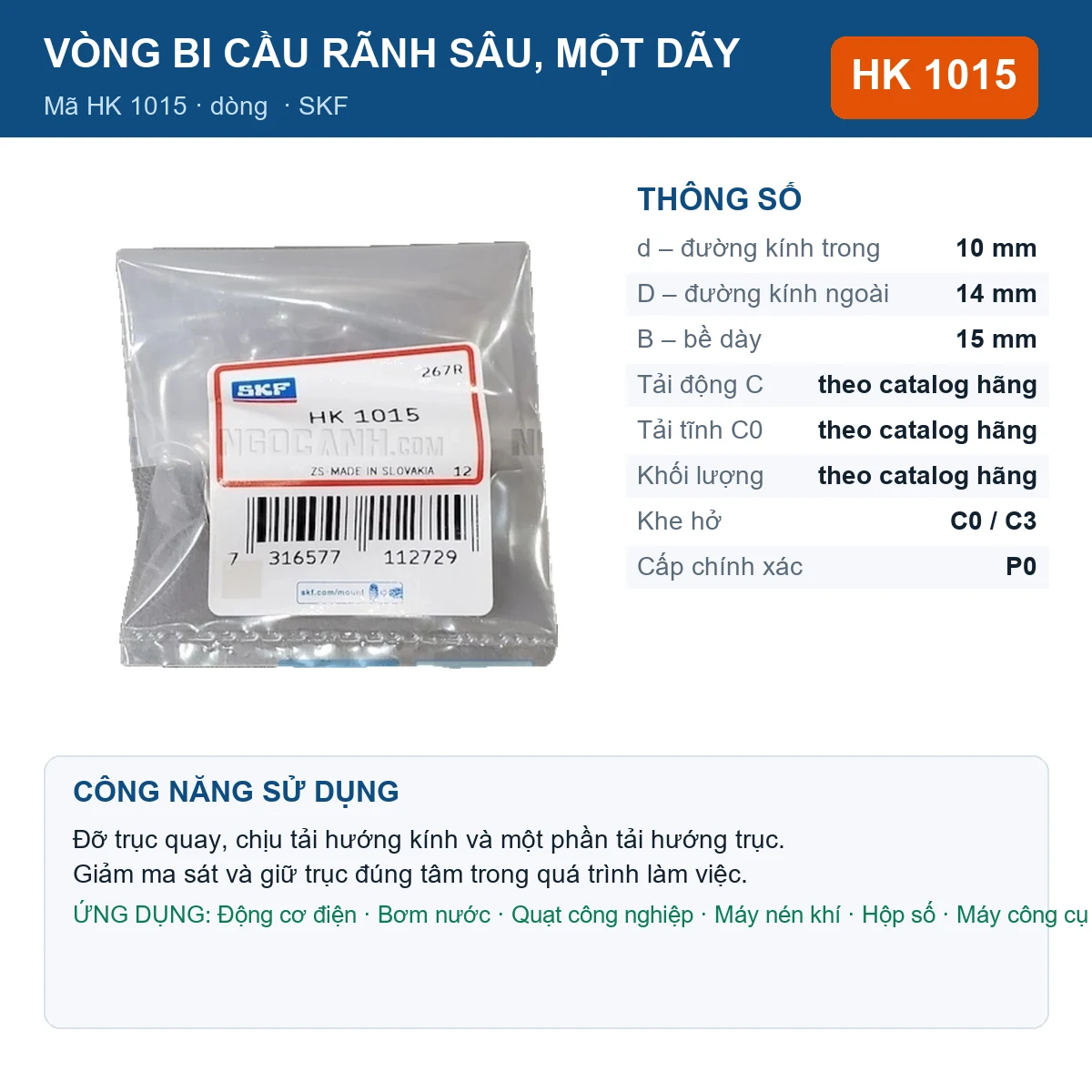 Vòng bi SKF HK 1015 — kích thước 10x14x15mm