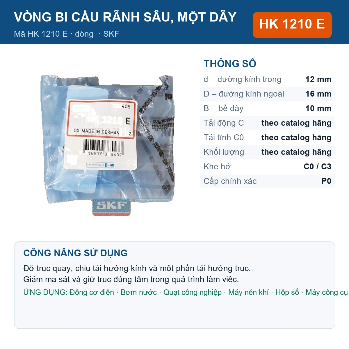 Vòng bi SKF HK 1210 E — kích thước 12x16x10mm