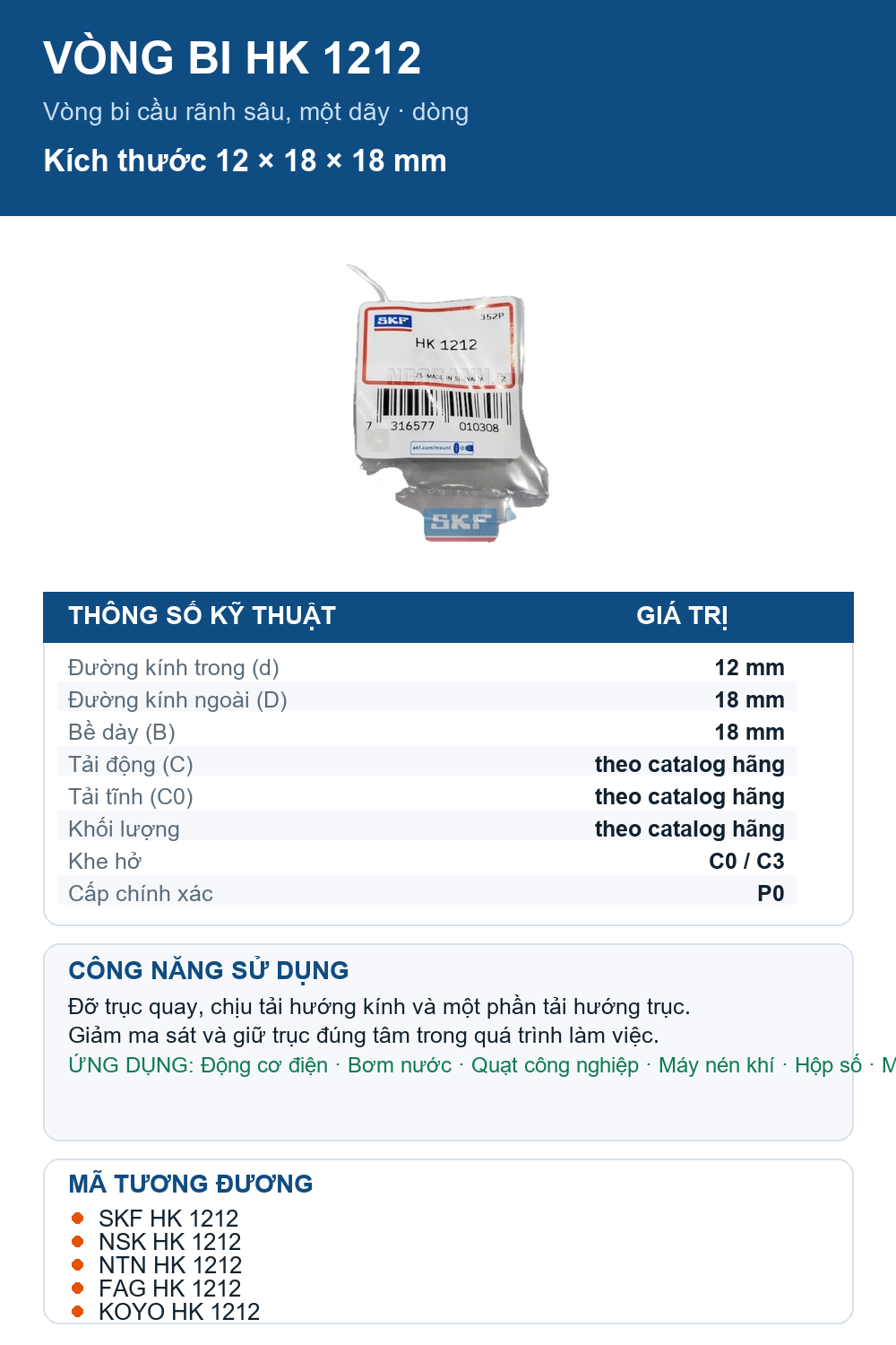 Vòng bi SKF HK 1212 12x18x18mm — Ảnh thông số (Pinterest)