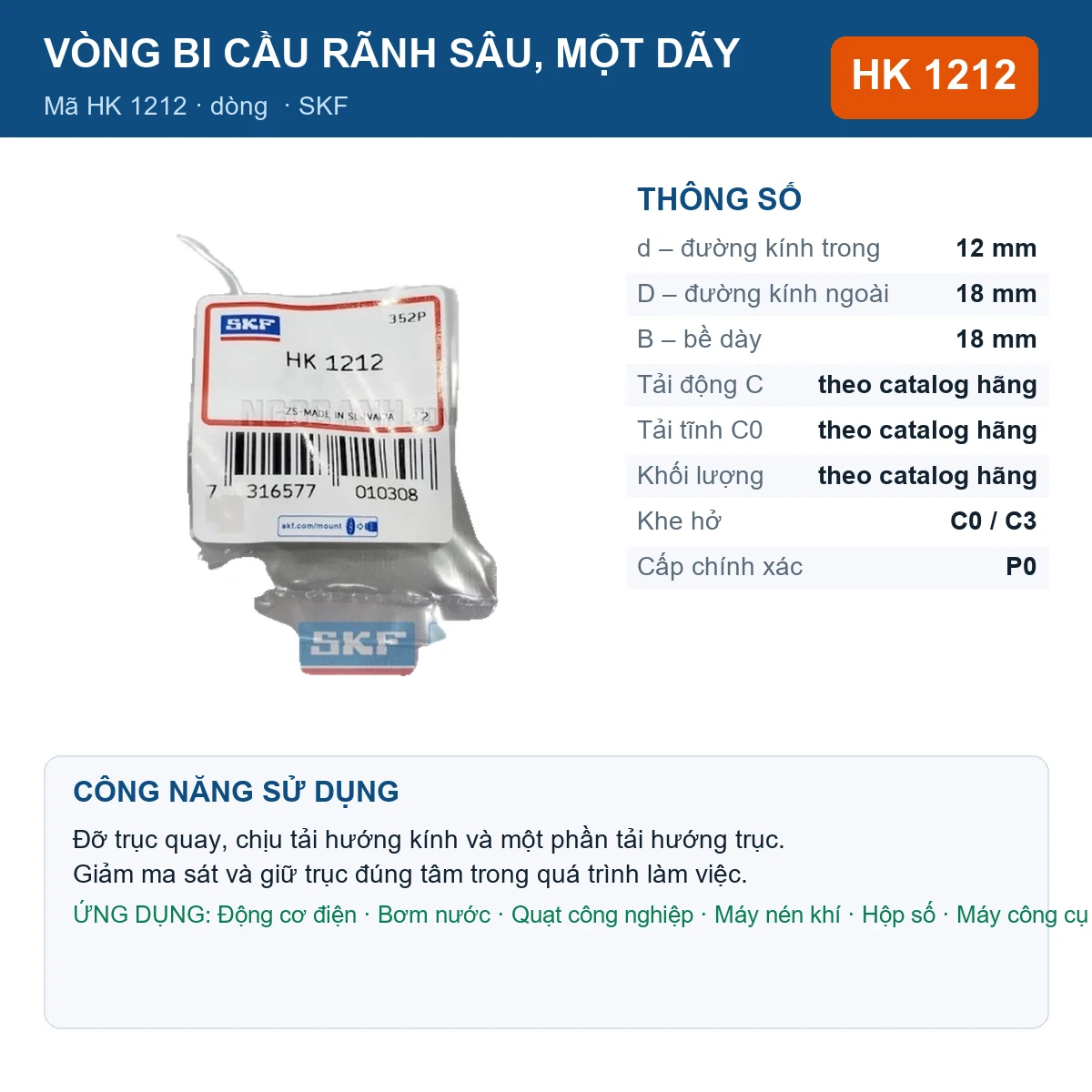 Vòng bi SKF HK 1212 — kích thước 12x18x18mm