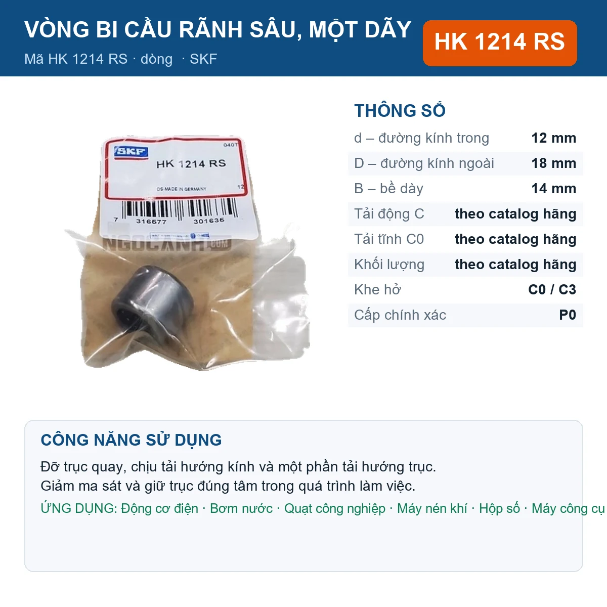 Vòng bi SKF HK 1214 RS — kích thước 12x18x14mm