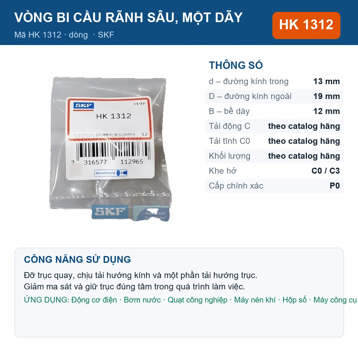 Vòng bi SKF HK 1312 13x19x12mm — Ảnh đăng sản phẩm (web)