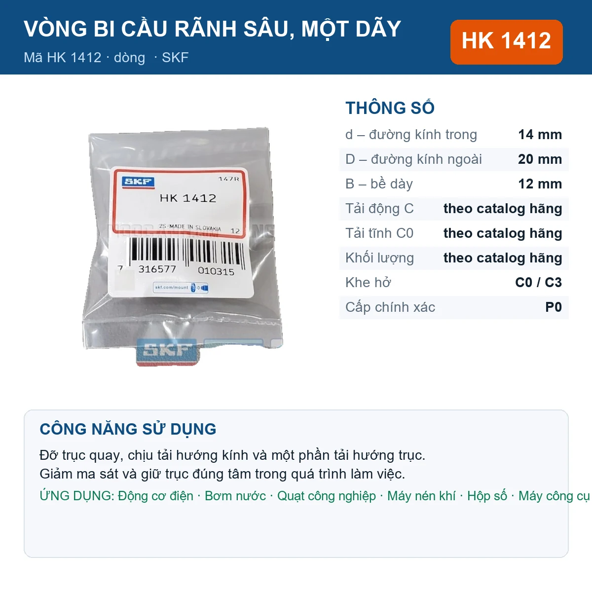 Vòng bi SKF HK 1412 — kích thước 14x20x12mm