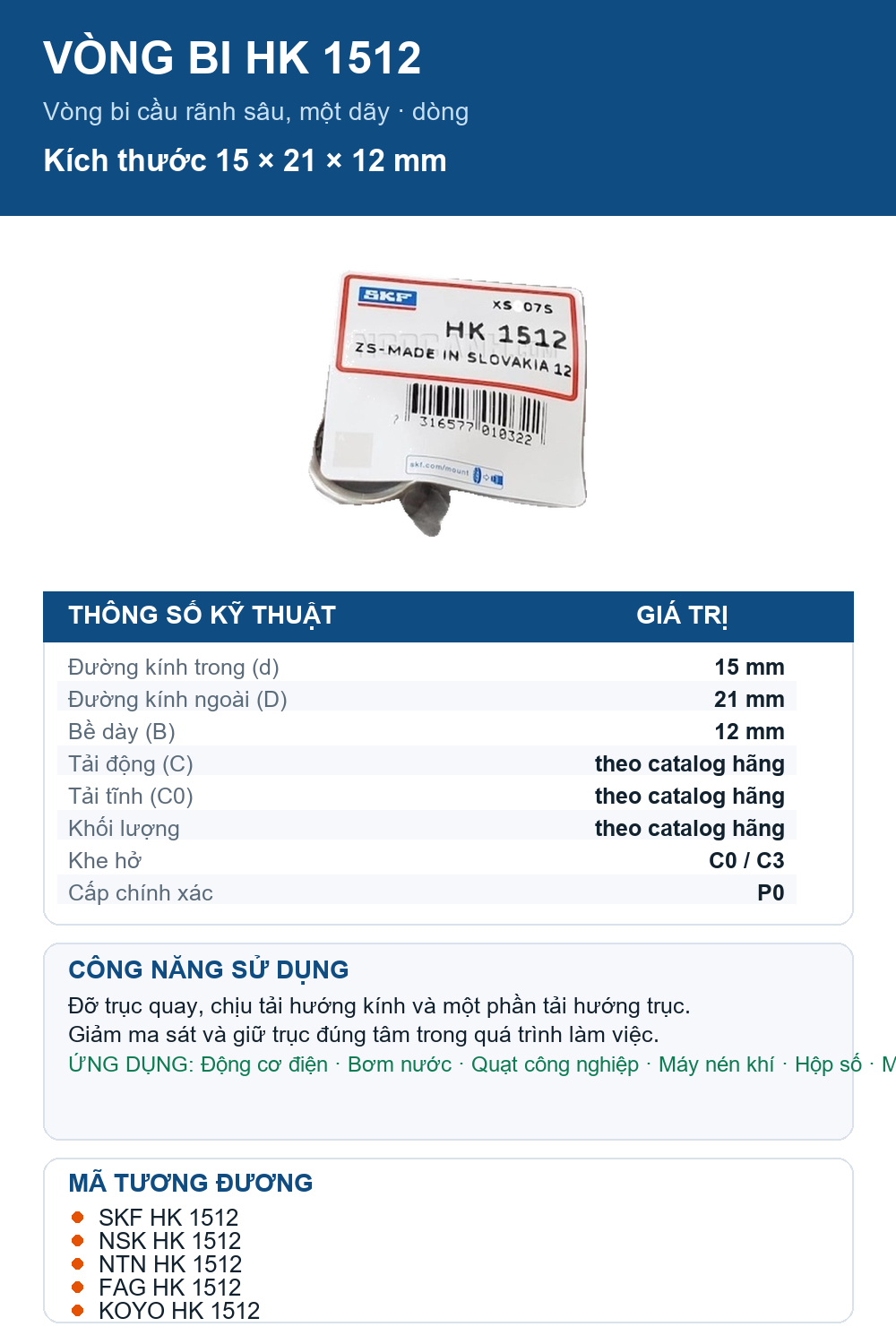 Vòng bi SKF HK 1512 15x21x12mm — Ảnh thông số (Pinterest)