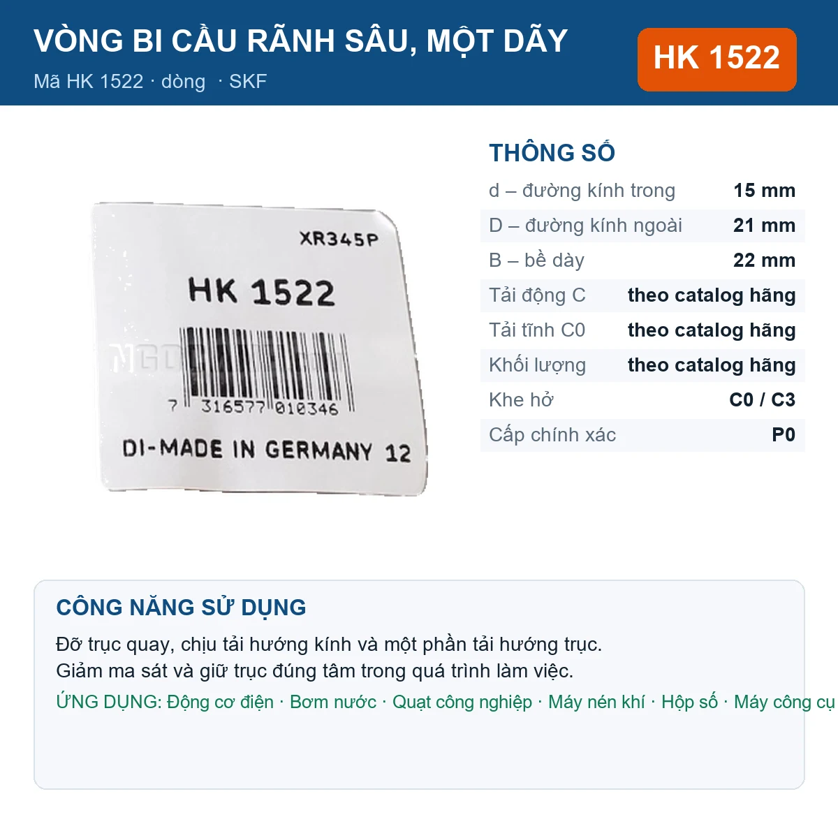 Vòng bi SKF HK 1522 — kích thước 15x21x22mm