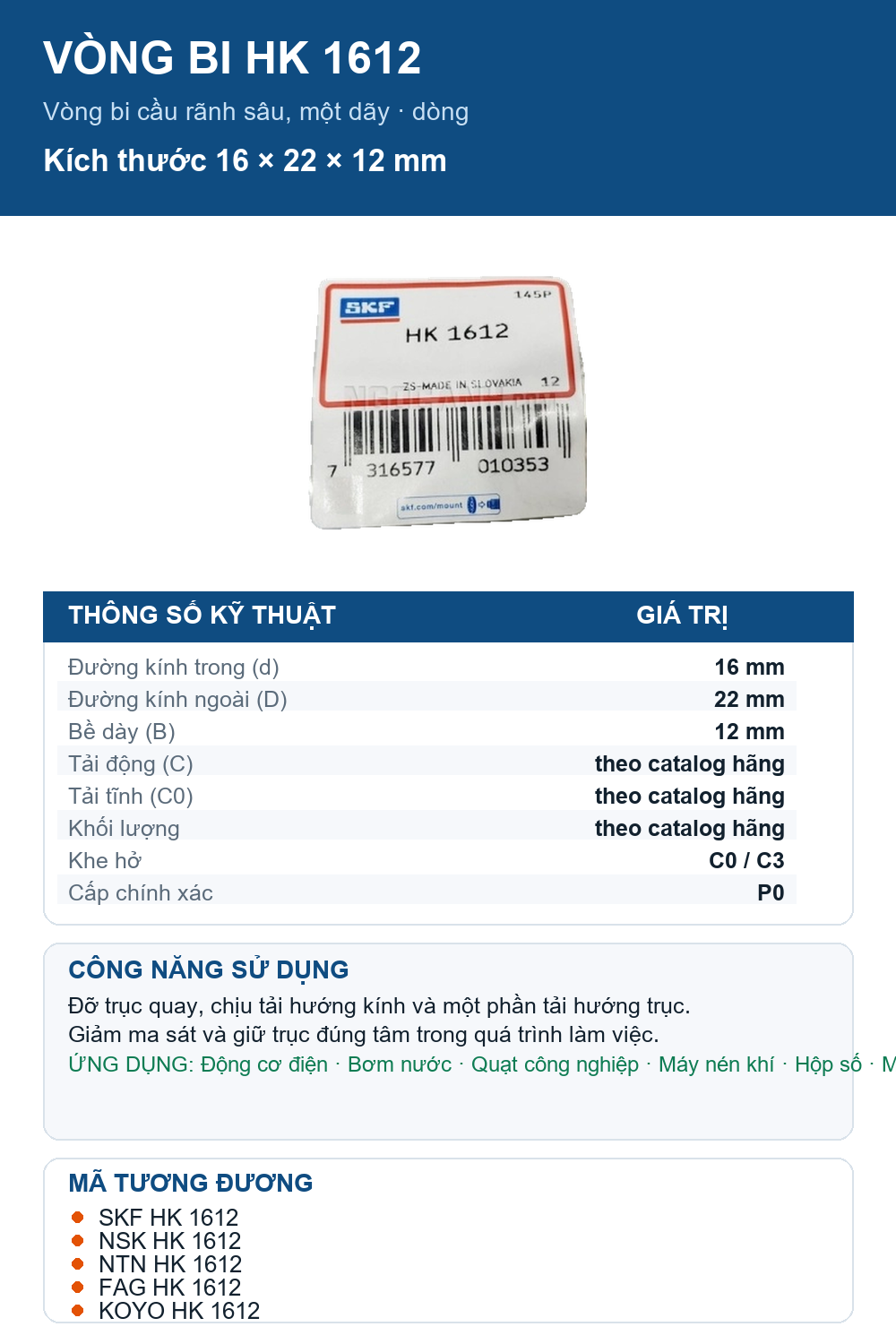Vòng bi SKF HK 1612 16x22x12mm — Ảnh thông số (Pinterest)